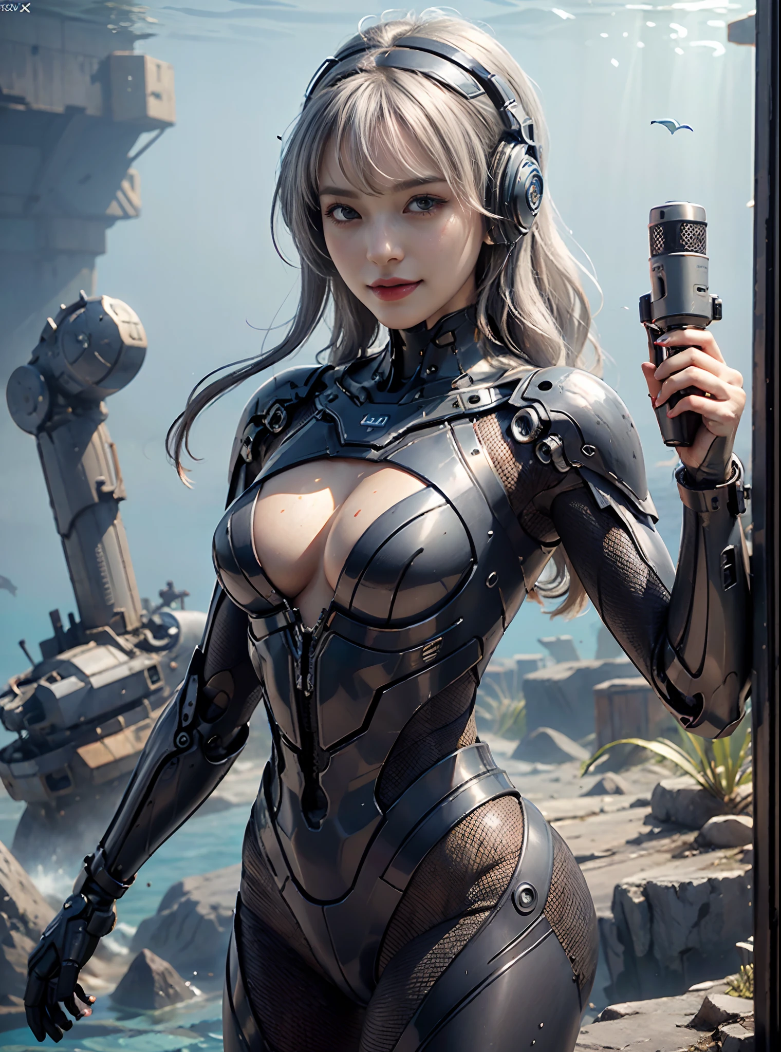 8K, best quality, masterpiece, super high resolution, (realism: 1.4) girl futuristic suit, at the bottom of the sea, sunken plane wreckage, underwater world, deep sea, mechanically manufactured fish, mechanical turtle, real woman, cleavage, real face, cute girl, smile, perfect cyborg girl wearing sci-fi headphones, beautiful female , beautiful girl cyborg, silver hair, manipulator, CG,