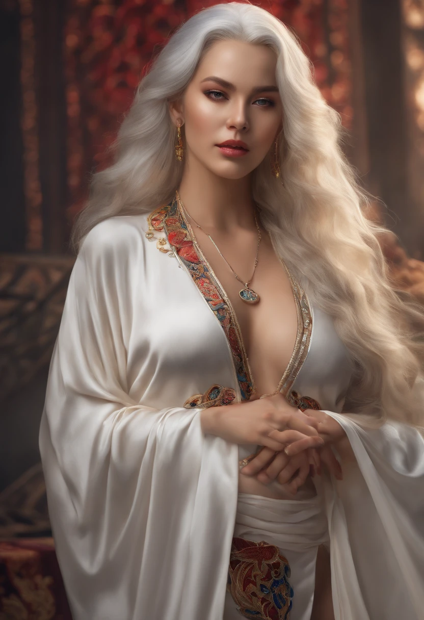 photorealistic, high resolution, 1women, solo, hips up, look at viewer, (detailed face), white hair, long hair, sheer sexyTaoist robe,visible nipples, jewelry