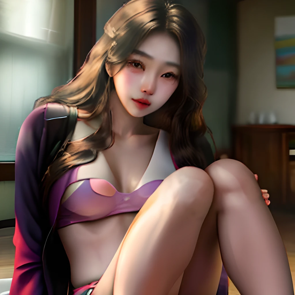 Realistic asian girl with long hair showing in missionary position complete nacked and knees pressing against big soft boobs nacked