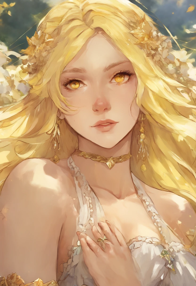(masterpiece, best quality), intricate details, 1girl, yellow hair, yellow eyes, mascara, bare shoulders,
