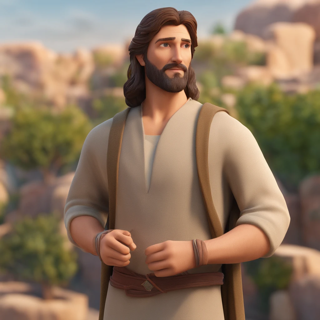 Peter, disciple of Jesus with brown hair, clothing from the time of Jesus at the age of 30 years old, estilo hiper-realista, 8k, UHD, pixar, Disney style, cinema 4D