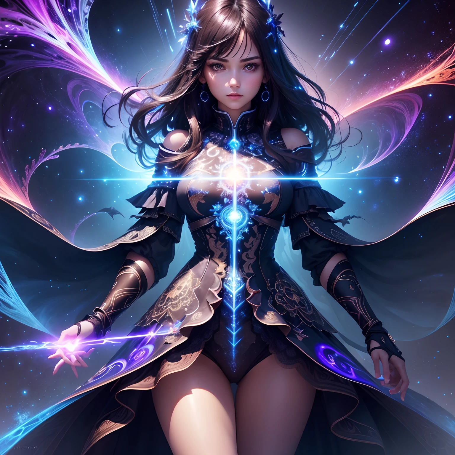 Create a perfect lockscreen wallpaper, low light, (masterpiece, top quality, best quality, official art, beautiful and aesthetic:1.2), (1girl), extreme detailed, (fractal art:1.3), galaxy, (light streaks), striking visuals, (dynamic streaks, luminous trails:1.2), vibrant colors,