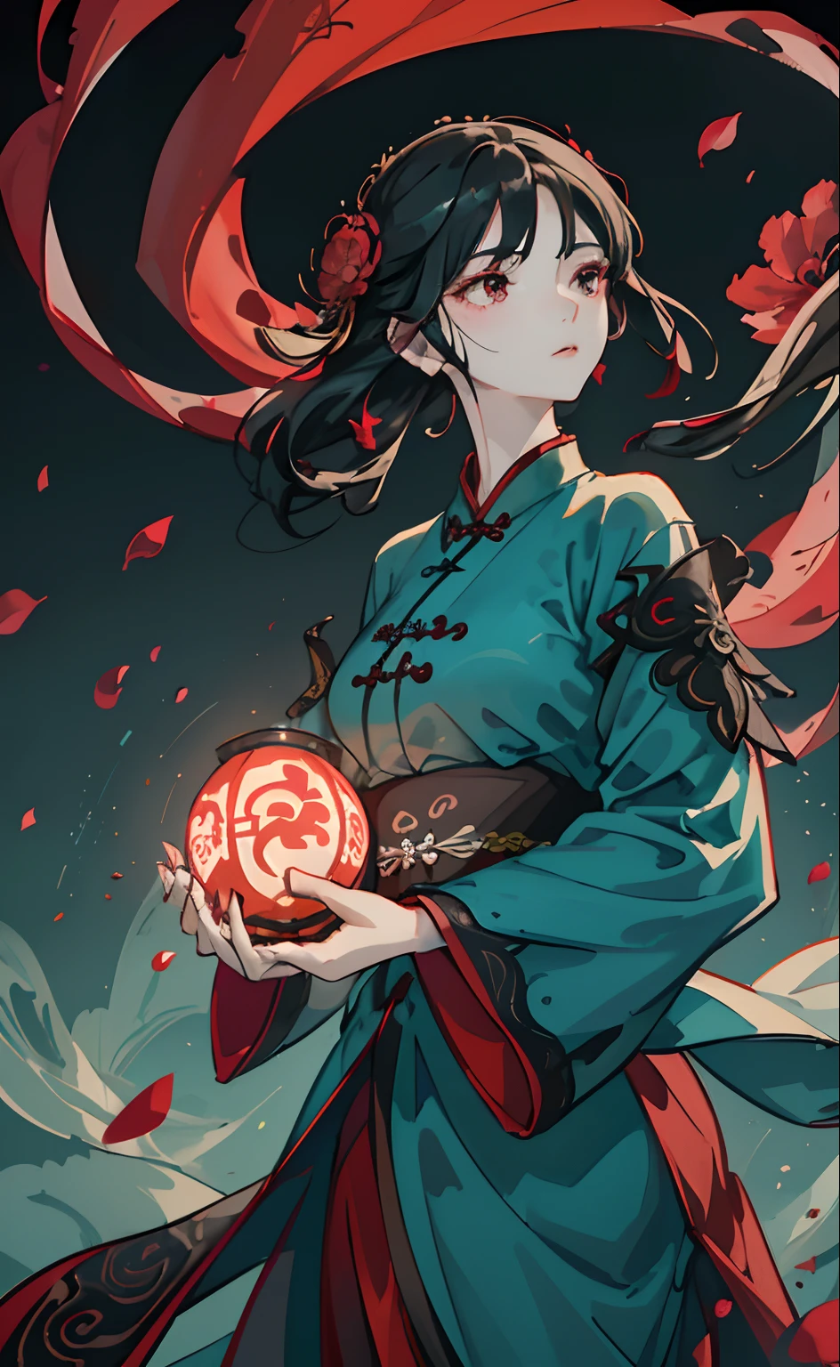 Mature girl, red-dark eyes, black hair color, floating hair, delicate and flexible eyes,perfect hands, intricate damask hanfu, side view, fov, f/1.8, masterpiece, ancient Chinese architecture, teal-dark, flower petals flying, front portrait shot, Chang'e, side lighting, sunlight on people, 8K