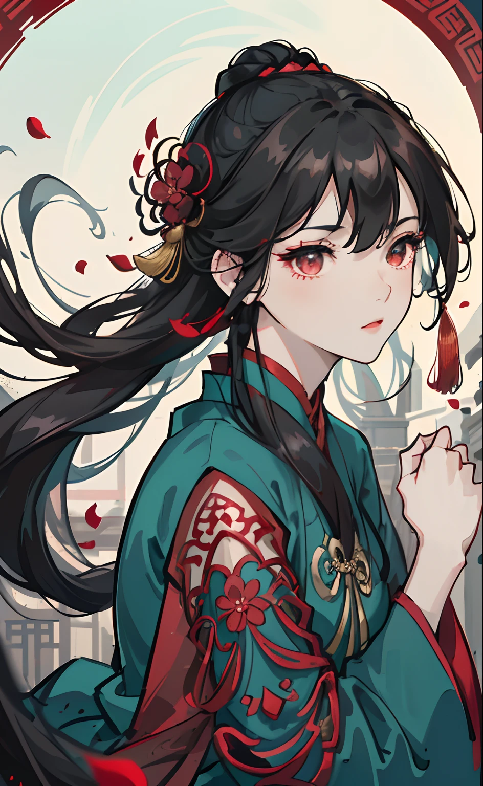 Mature girl, red-dark eyes, black hair color, floating hair, delicate and flexible eyes,perfect hands, intricate damask hanfu, side view, fov, f/1.8, masterpiece, ancient Chinese architecture, teal-dark, flower petals flying, front portrait shot, Chang'e, side lighting, sunlight on people, 8K
