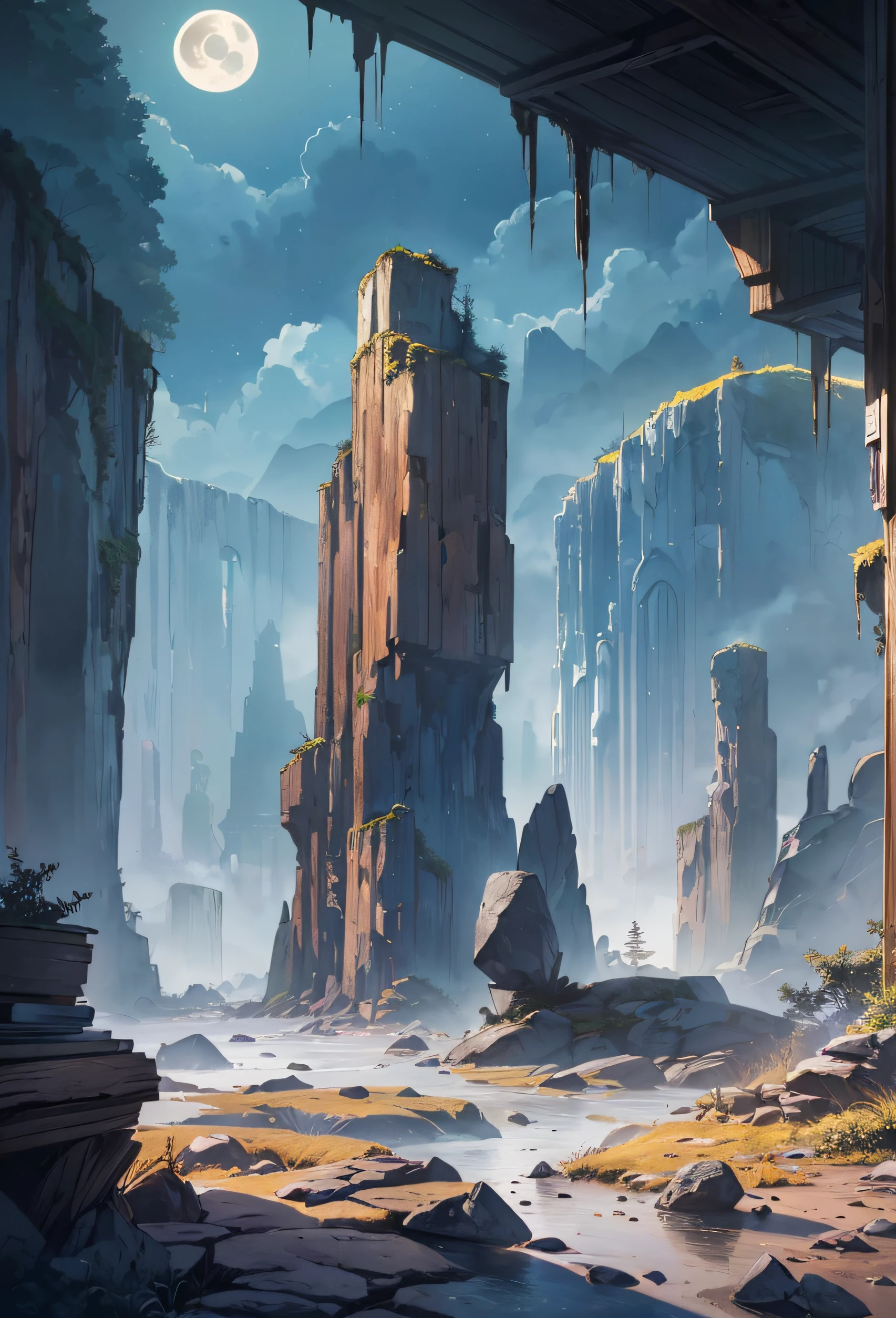 Very good 8KCG wallpapers, very fine 8K CG wallpaper, watercolor (medium), (((dark, Dark Night, Deep Night, the moon))) ((Sky color: dark blue)) (((Natural Background, rock formations, wood))), cliff, Mountain Summit ((plein air)) (((Character Deletion))) (((Excluding people)))