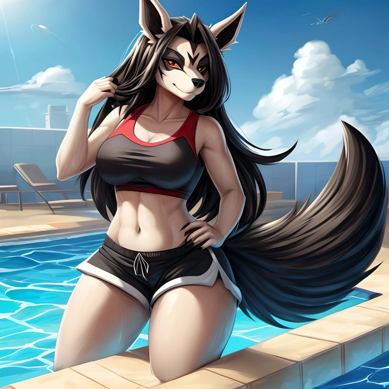 mightyena (Arte peludo, Cargado en E621:1.4), (Obra maestra:1.3), (La mejor calidad:1.2),(2d:1.0), (anime:1.0), (illustration:1.0), (afilado:1.2), (Claro, brillante:0.8), (masa:1.1), (Ultra detallado:1.0) (1girl, solamente), mightyena Anthro furry, sexy,(cintura delgada), muslos gruesos, solo, 1girl, caderas anchas, Muslos, Encorvado, en la piscina, haciendo una cara traviesa, atletic body, Shorts, top, ropa deportiva, ropa negra, pelaje gris, piel de mightyena.