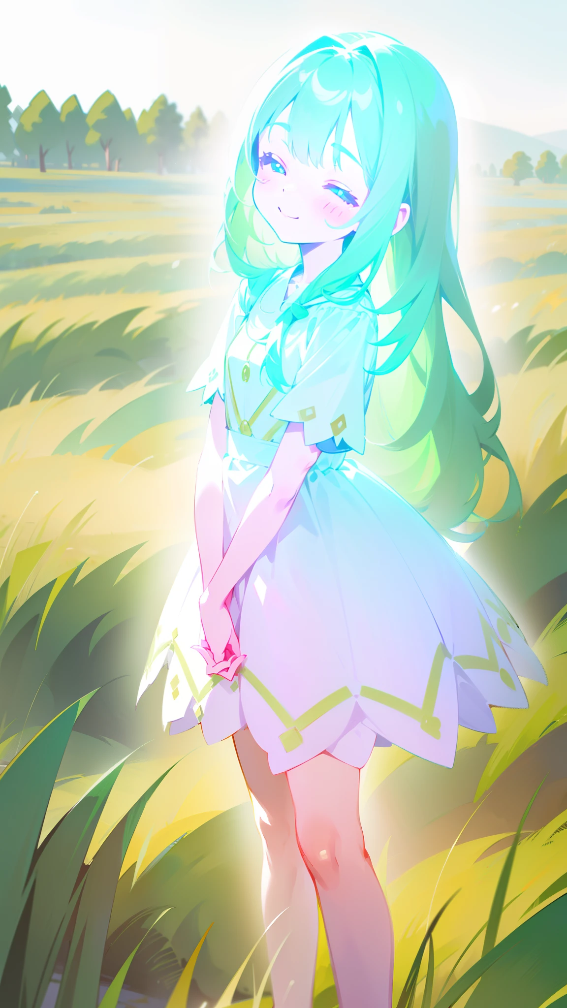 (Original Character,8k, Masterpiece, Best Quality,Detailed, Beautiful Detailed Eyes, solo),((1loli girl,4 years old)),((small body)),little white dress,green hair,long hair,closed eyes,loli,solo,cute,happy face,smile,blush,cowboy shot,(standing in a grass field,sunlight),(glowing body)