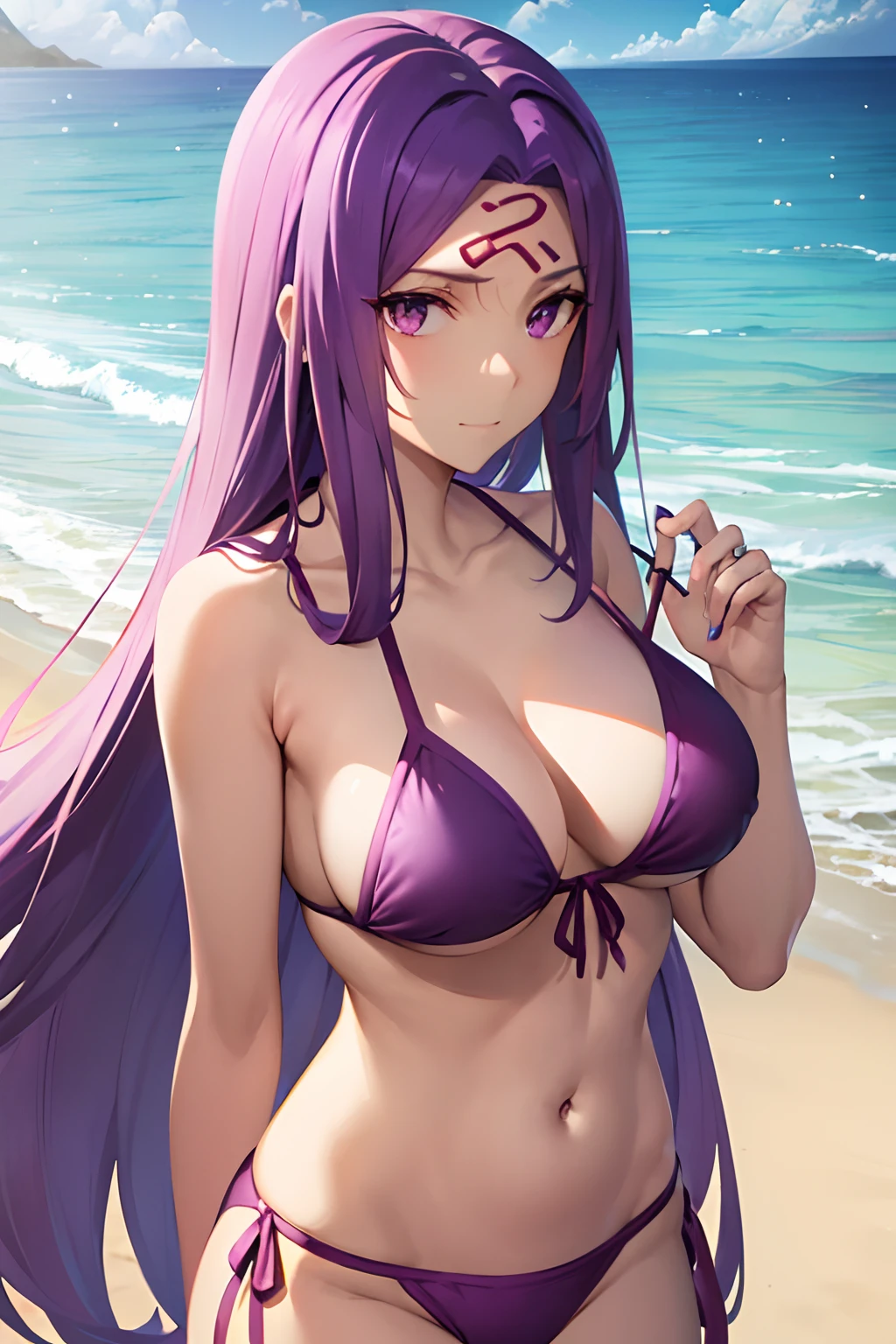 Best Quality, (masutepiece:1.2), Highly detailed,Fate/Stay in the background, Sun'rays, (the beach:1.3), Splash,Medusa_nffsw, Upper body,1girl in, Solo, Standing, Looking at the viewer, Closed mouth, slight smile,absurdly long hair, Purple hair, Floating hair, Purple eyes, Naughty big、large full breasts、(Purple Bikini:1.3)
