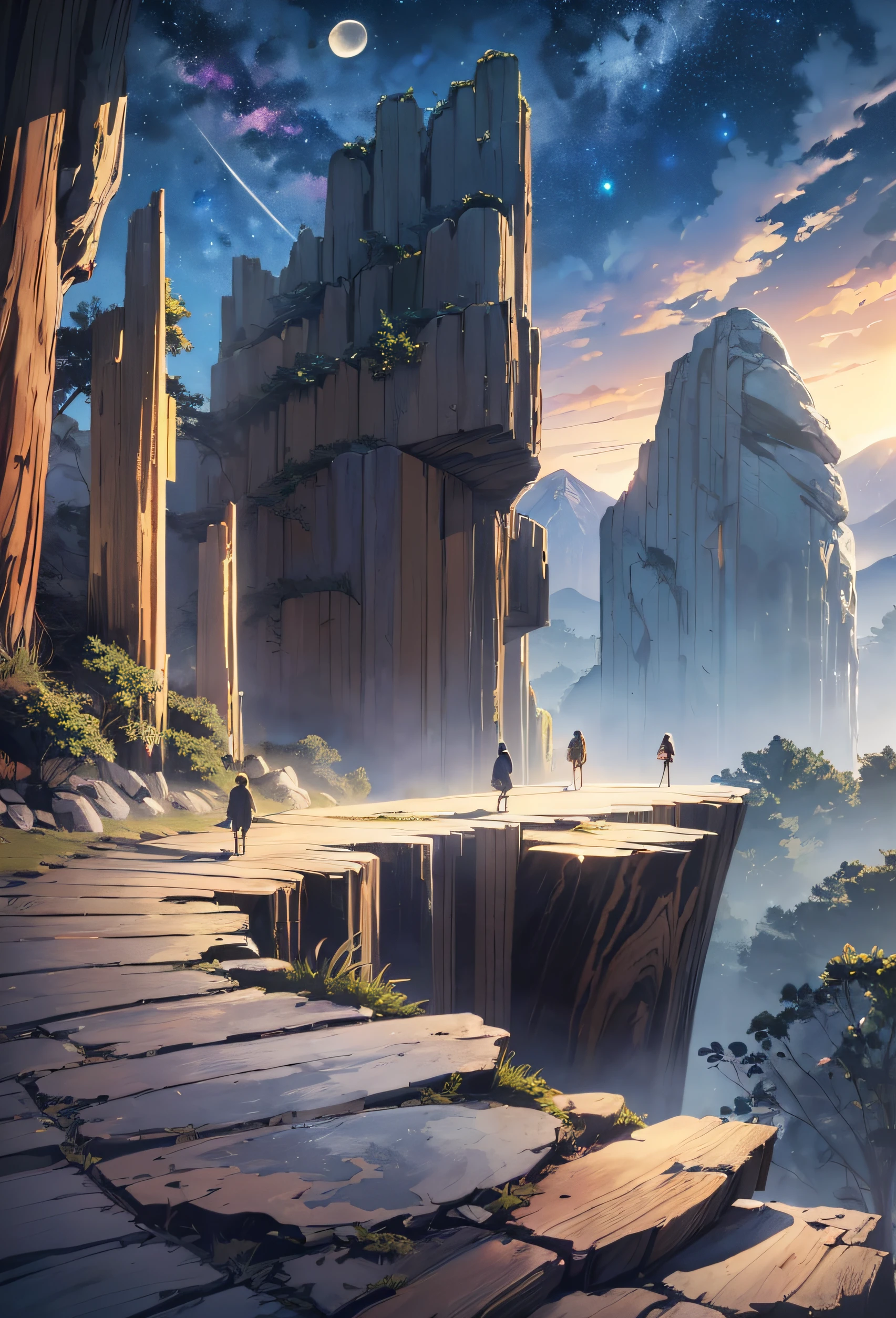 Very good 8KCG wallpapers, very fine 8K CG wallpaper, watercolor (medium), (((dark, Dark Night, Deep Night, the moon))) ((Sky color: dark blue)) (((Natural Background, rock formations, wood))), cliff, Mountain Summit ((plein air)) (((Character Deletion))) (((Excluding people)))