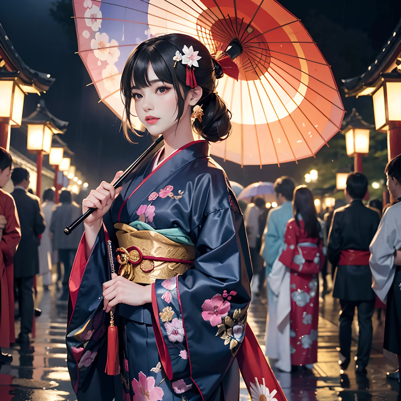 Detailed background(rain is falling,Temples and shrines in Kyoto(Crowds(Holding an umbrella),Person holding an umbrella々)),Turning around and holding hands with viewers,BREAK,elaborate costume{Luxury kimono(Colorful kimono(detailed embroidery,))}、1girl in(Japanese Idol(actress):1.2)(face perfect:1.2),Depicting a beautiful and classy adult woman,glossy dark hair(poneyTail),Heart in the eye, Wallpapers 16K,Blur the background with a sickle,((masutepiece)), ((Best Quality)),{{a portrait photo of}},full body Esbian