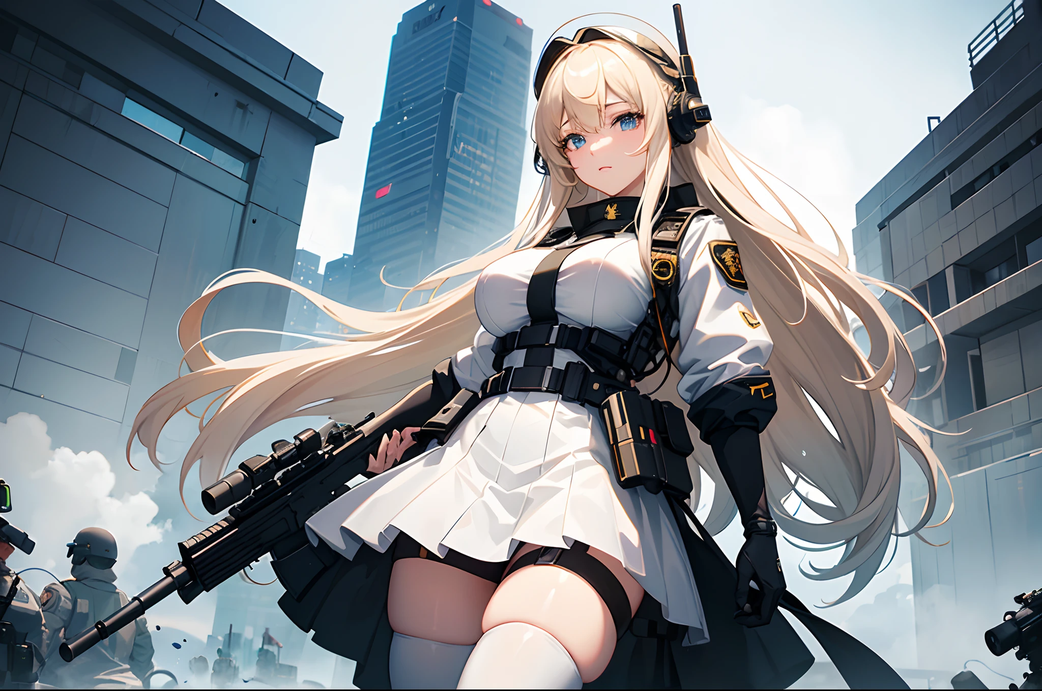 Anime girl, white sparkling eyes, long golden hair, big breast, showing thighs, ((military helmet,)) night vision goggles, headphones with microphone, tactical vest, gloves, mini skirt, high stockings, knee-high boots, holding a rifle or aiming a sniper rifle, (best quality, 4k, highres, masterpiece:1.2) ultra-detailed, (realistic, photorealistic:1.37), portraits, vibrant colors, atmospheric lighting, white clothes, belts