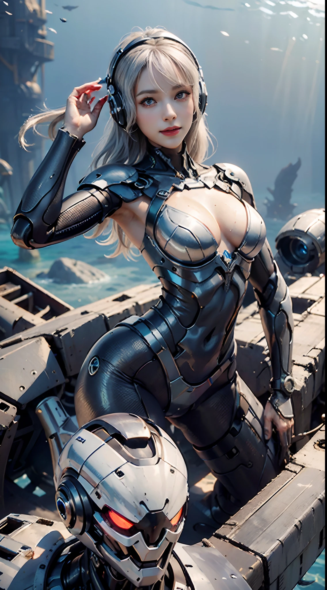 8K, best quality, masterpiece, super high resolution, (realism: 1.4) girl futuristic suit, at the bottom of the sea, sunken plane wreckage, underwater world, deep sea, mechanically manufactured fish, mechanical turtle, real woman, cleavage, real face, cute girl, smile, perfect cyborg girl wearing sci-fi headphones, beautiful female , beautiful girl cyborg, silver hair, manipulator, CG,