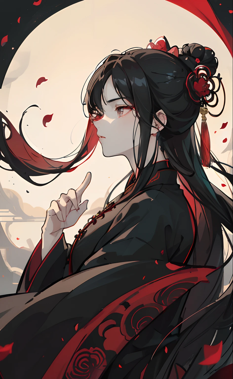 Mature male, red-dark eyes, black hair color, floating hair, delicate and flexible eyes,perfect hands, intricate damask hanfu, side view, fov, f/1.8, masterpiece, ancient Chinese architecture, black teal-dark, flower petals flying, front portrait shot, Chang'e, side lighting, sunlight on people, 8K