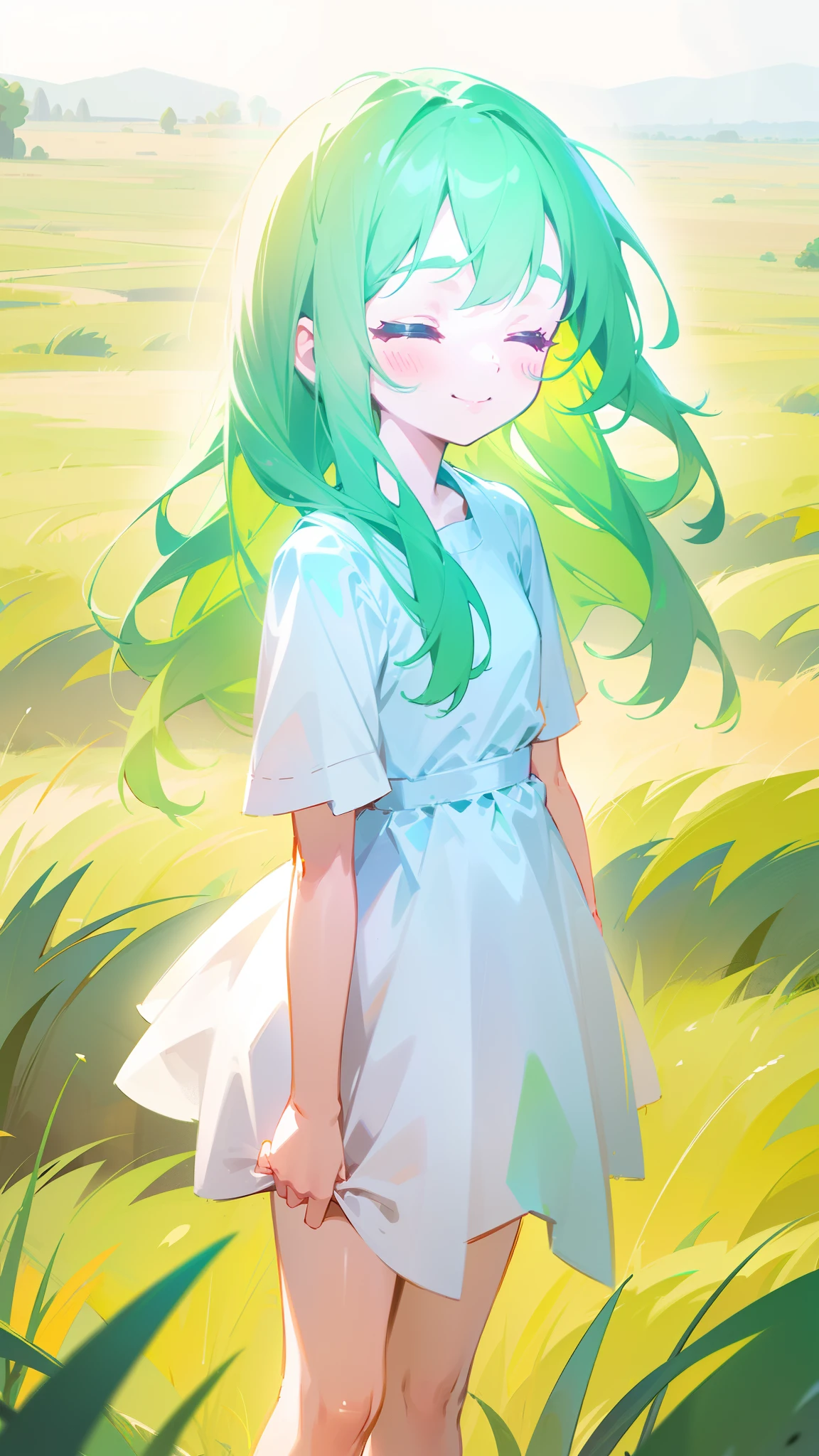 ((1**** girl,4 years old)),((small body)),little white dress,green hair,long hair,closed eyes,****,solo,cute,happy face,smile,blush,cowboy shot,(standing in a grass field,sunlight),(glowing body)