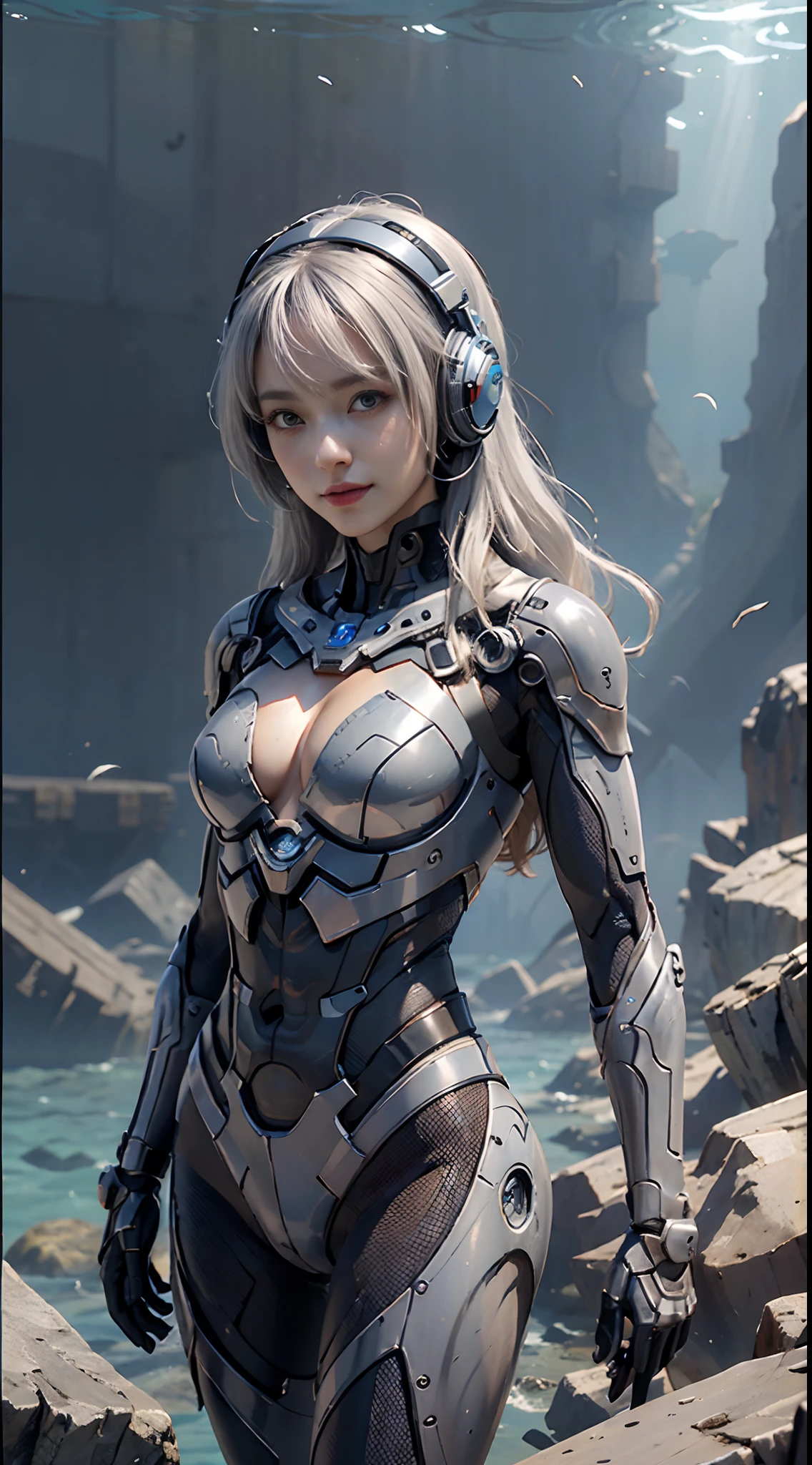 8K, best quality, masterpiece, super high resolution, (realism: 1.4) girl futuristic suit, at the bottom of the sea, sunken plane wreckage, underwater world, deep sea, mechanically manufactured fish, mechanical turtle, real woman, cleavage, real face, cute girl, smile, perfect cyborg girl wearing sci-fi headphones, beautiful female , beautiful girl cyborg, silver hair, manipulator, CG,