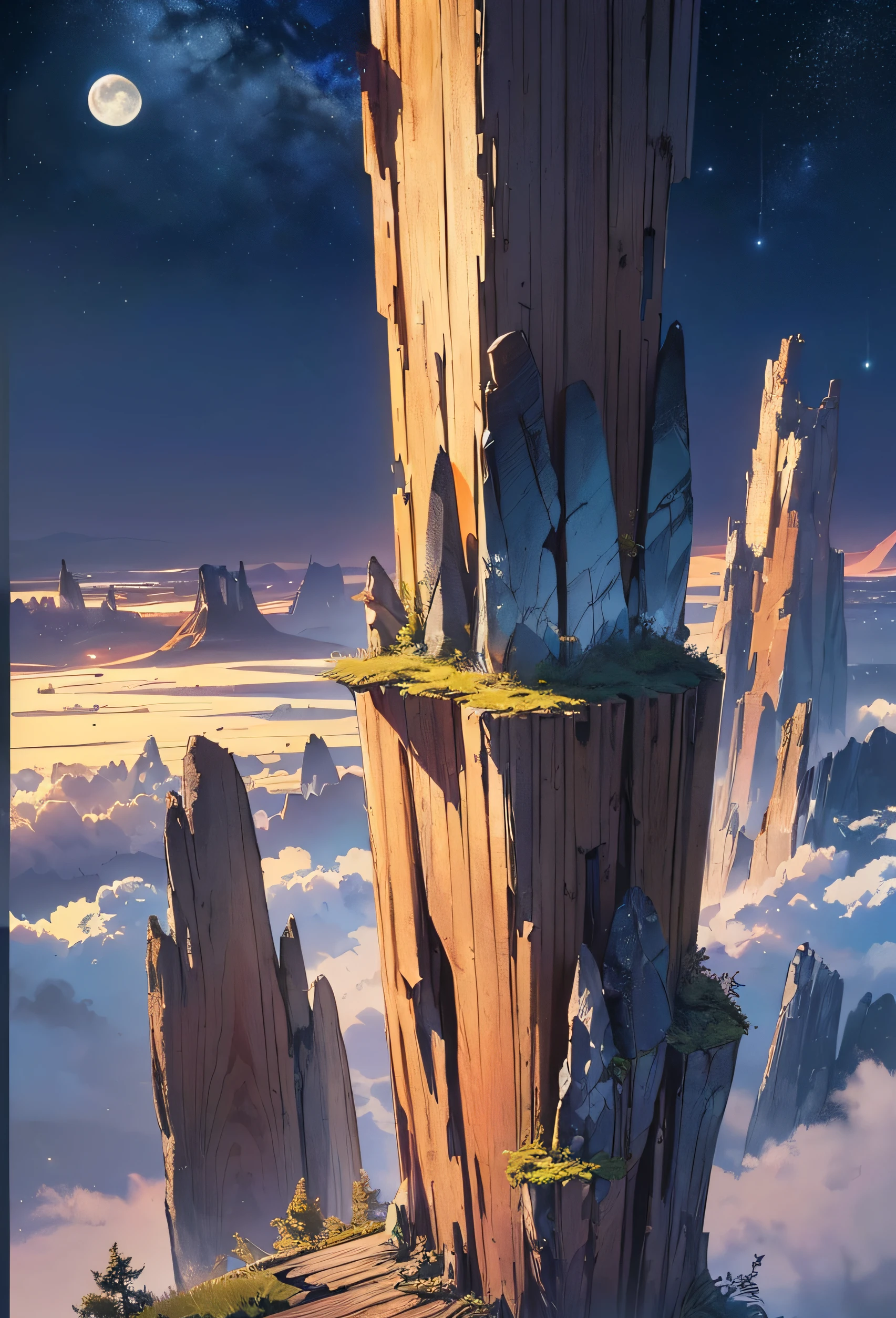 Very good 8KCG wallpapers, very fine 8K CG wallpaper, watercolor (medium), (((dark, Dark Night, Deep Night, the moon))) ((Sky color: dark blue)) (((Natural Background, rock formations, wood))), cliff, Mountain Summit ((plein air)) (((Character Deletion))) (((Excluding people)))