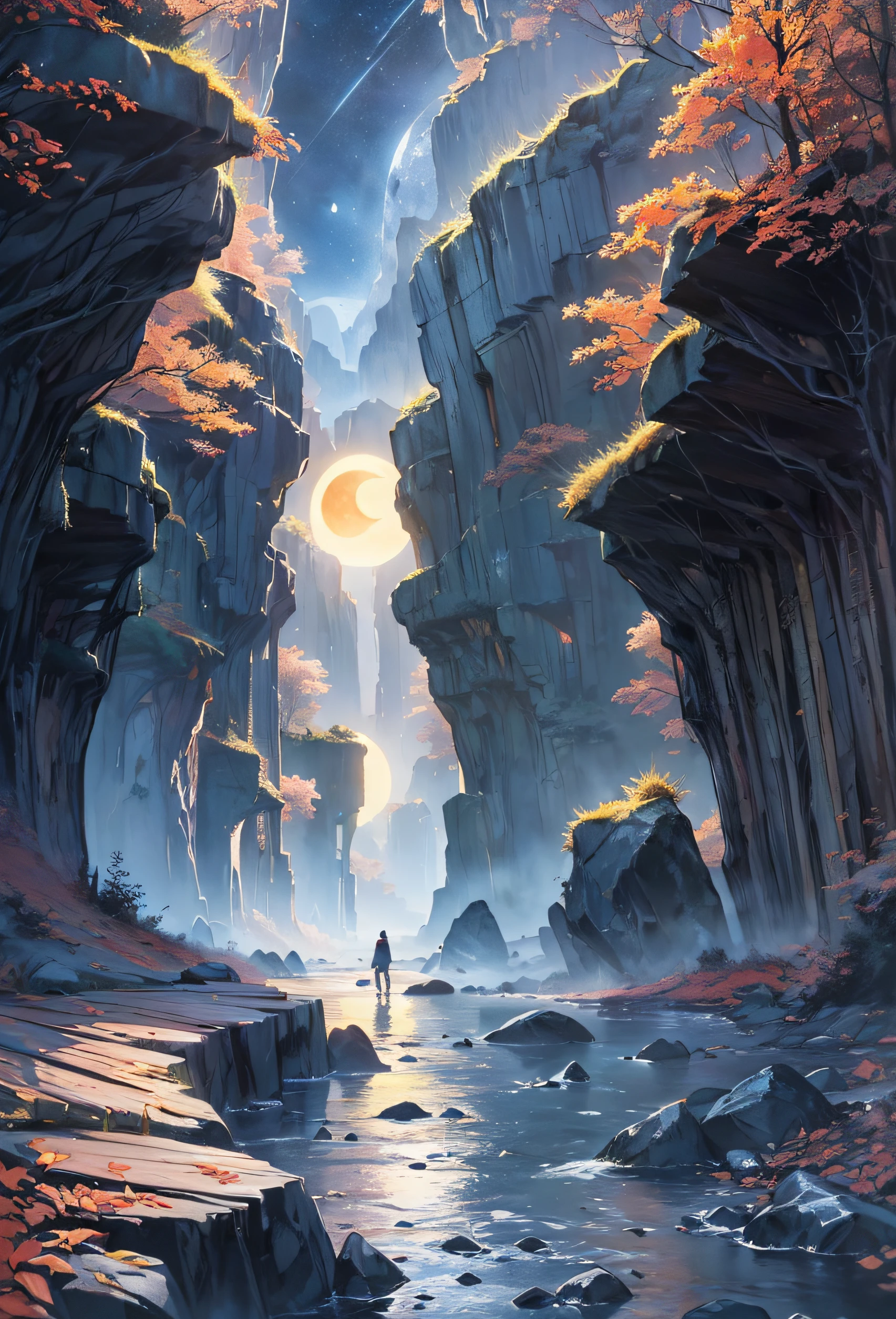 Very good 8KCG wallpapers, very fine 8K CG wallpaper, watercolor (medium), (((dark, Dark Night, Deep Night, the moon))) ((Sky color: dark blue)) (((Natural Background, rock formations, wood))), cliff, Mountain Summit ((plein air)) (((Character Deletion))) (((Excluding people)))