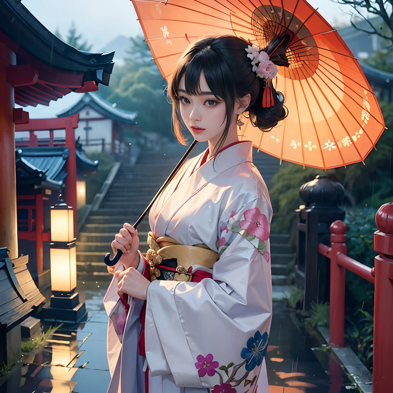 Detailed background(rain is falling,Temples and shrines in Kyoto(Crowds(Holding an umbrella),Person holding an umbrella々)),Turning around and holding hands with viewers,BREAK,elaborate costume{Luxury kimono(Colorful kimono(detailed embroidery,))}、1girl in(Japanese(actress):1.2)(face perfect:1.2),Depicting a beautiful and classy adult woman,glossy dark hair(poneyTail),Heart in the eye, Wallpapers 16K,Blur the background with a sickle,((masutepiece)), ((Best Quality)),{{a portrait photo of}},full body Esbian