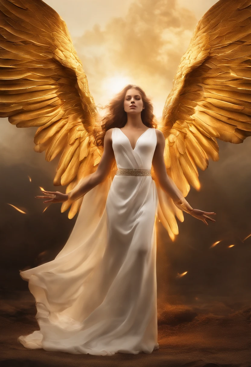 Ultra-realistic angel image: A golden angel with outstretched wings,Sosteniendo una espada de fuego en su mano,There was gloom in the gloom。, Ajustes de humo negro,(Foto RAW:1.2),dedo del pie de camello,Vaciar en,sudor leggs,white liquid, Piel lisa y rosada, piel brillante y brillante, brillante, Extender las piernas,Piernas en forma de M,mirada enojada,irritado,White liquid all over body,cuerpo completo como,