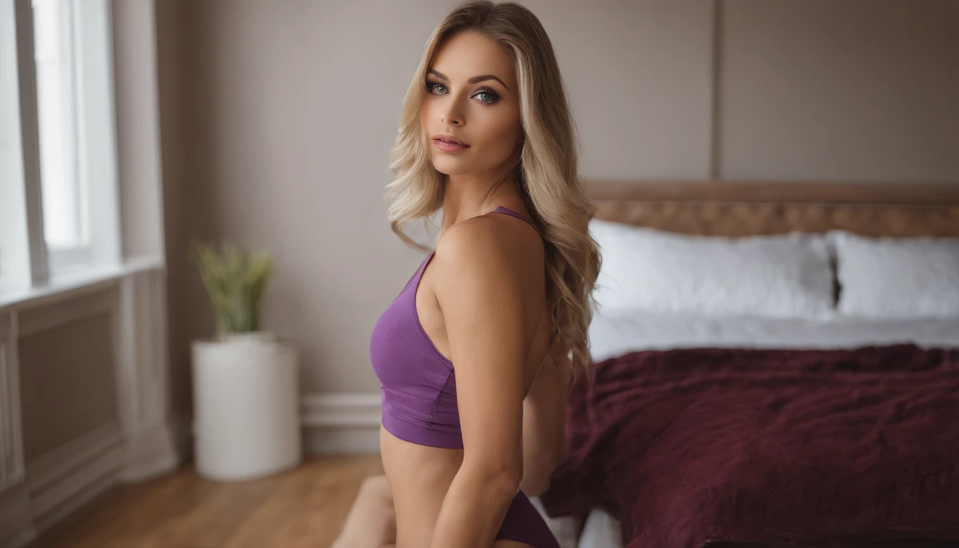 woman with matching tank top and panties, Sexy girl with blue eyes, portrait sophie mudd, portrait corinna kopf, blonde hair and large eyes, Selfie einer jungen Frau, Augen im Schlafzimmer, Violet Myers, ohne Make-up, Natural makeup, Blick direkt in die Kamera, Gesicht mit Artgram, dezentes Make-up, Stunning full body shot, im Schlafzimmer, Spaltung