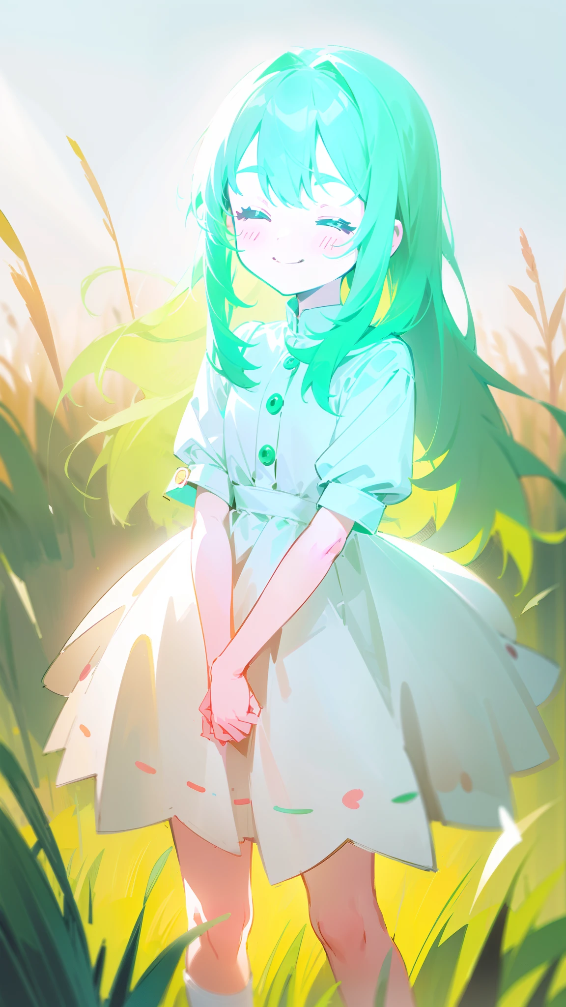 ((1**** girl,4 years old)),((small body)),little white dress,green hair,long hair,closed eyes,****,solo,cute,happy face,smile,blush,cowboy shot,(standing in a grass field,sunlight),(glowing body)