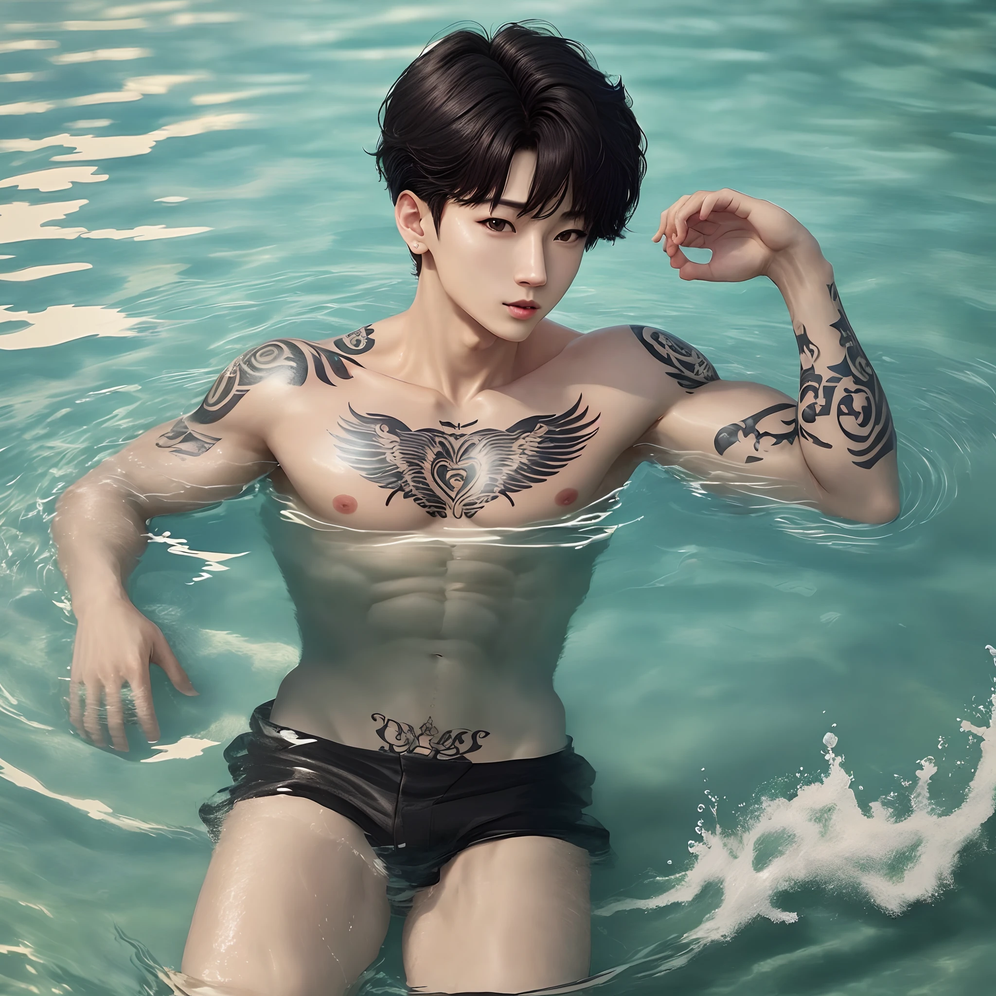 can you make Jeon jungkook float on water in a pool close to camera shirtless black hair and his tattoos showing