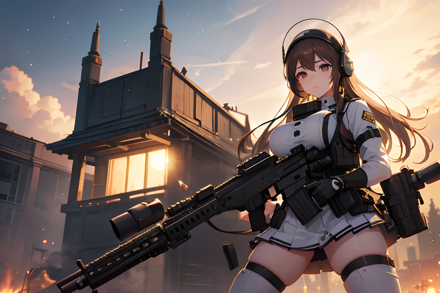 A hyper-realistic、ultra-detailliert、top-quality、hight resolution、Squatting on rubble、Brown-haired Japan goddess holding gun in hand、G Cup、20-year-old gravure idol、Aim with a serious expression、a miniskirt、Black panties、the hollow of the pubic bone is clearly visible.、The gaze is directed to the tip of the muzzle