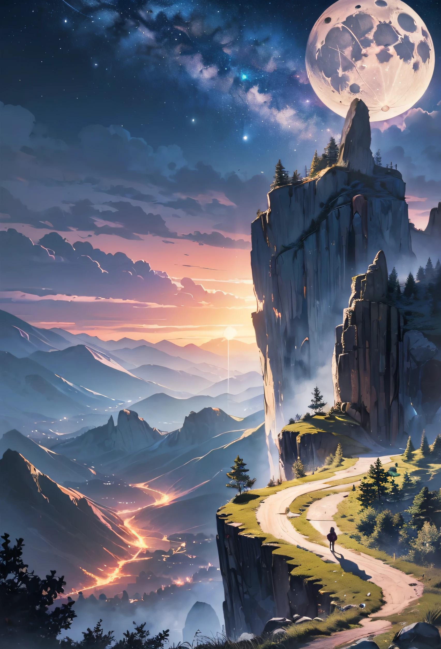 Very good 8KCG wallpapers, very fine 8K CG wallpaper, watercolor (medium), (((dark, Dark Night, Deep Night, the moon))) ((Sky color: dark blue)) (((Natural Background, rock formations, wood))), cliff, Mountain Summit ((plein air)) (((Character Deletion))) (((Excluding people)))