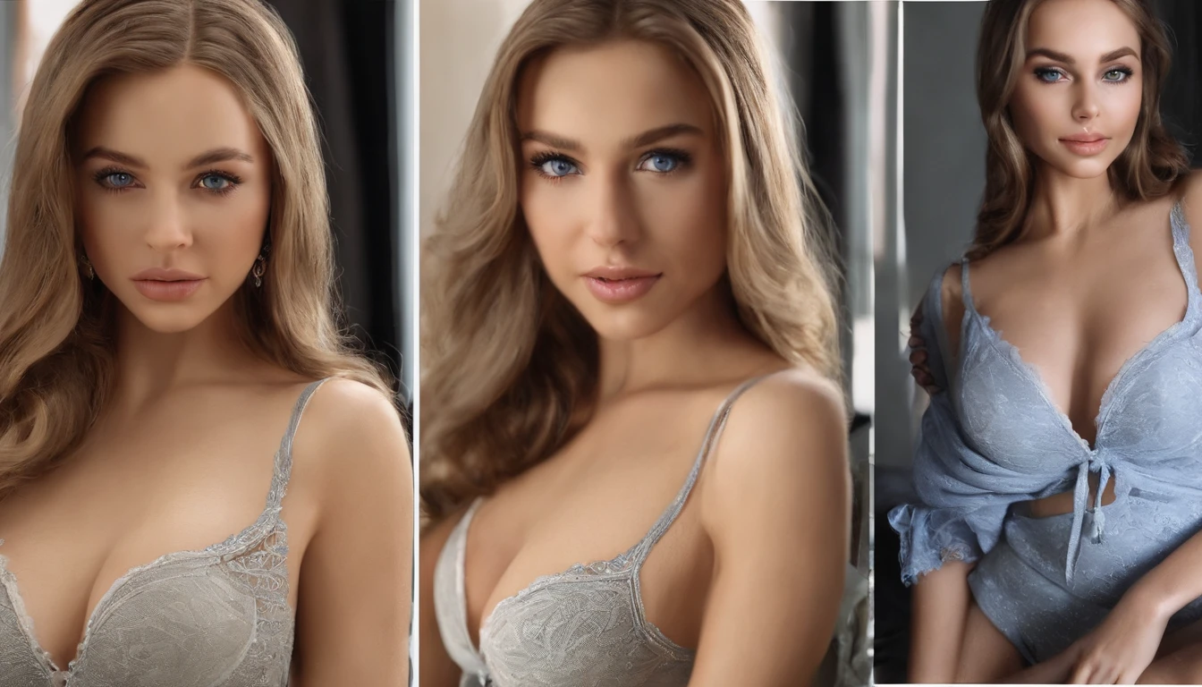 arafed woman fully , sexy girl with blue eyes, ultra realistic, meticulously detailed, portrait sophie mudd, blonde hair and large eyes, selfie of a young woman, bedroom eyes, violet myers, without makeup, natural makeup, looking directly at the camera, face with artgram, subtle makeup, stunning full body shot kneeling on bed, in bedroom, medium to large size bust; ; ;naked