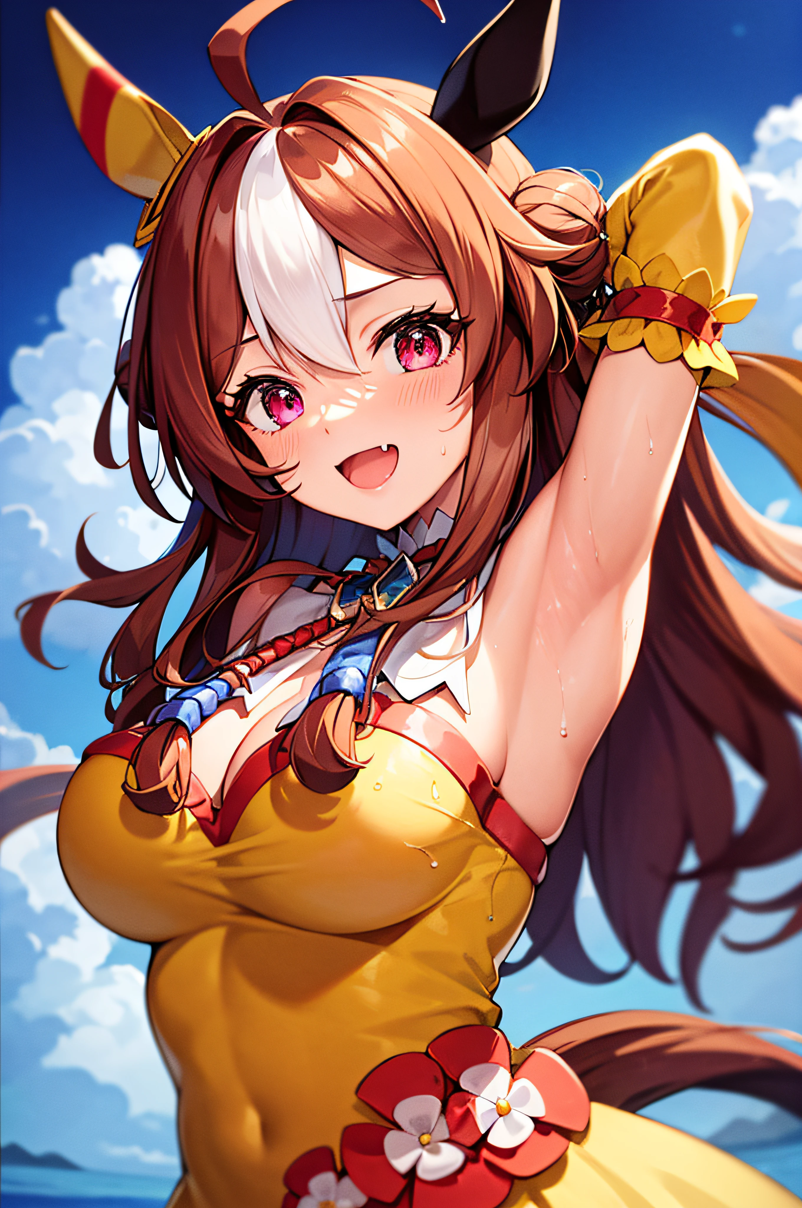 ((top-quality, ​masterpiece:1.3)), {{​masterpiece}}, illustratio, top-quality, copano rickey \(umamusume\), (((upper body))), (((big breasts))), erect nipples under clothes, bare shoulder, off-shoulder, blue gloves, bead bracelet, fingerless gloves, detached sleeves, wide sleeves, red ribbon, neck ribbon, (cleavage), yellow dress, frilled dress, ((armpits)), arms behind head, ((wet)), ((steam)), embarrassed,