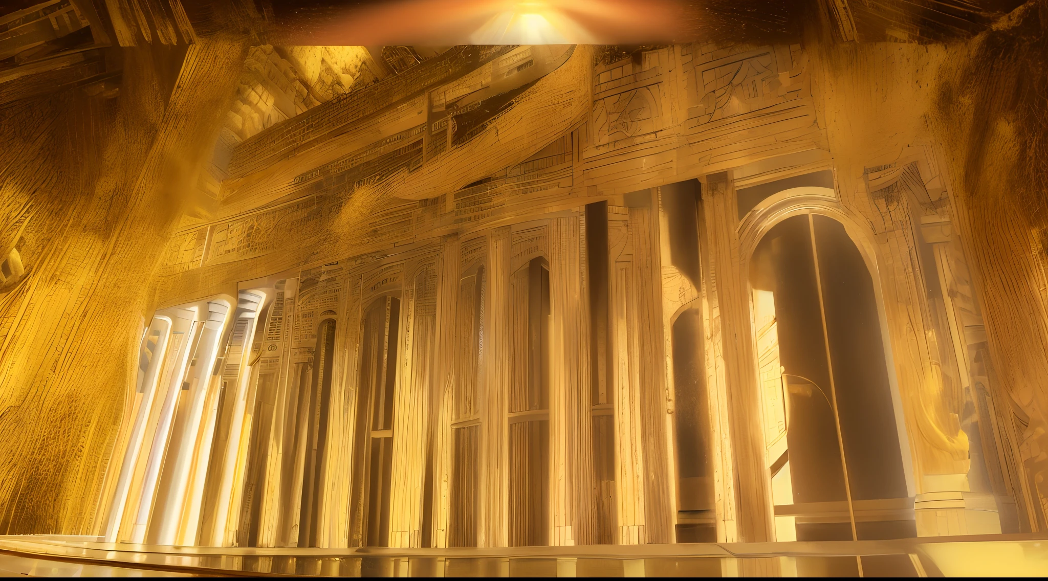 Illustration of a staircase leading to a doorway where light enters, The Golden Gate of Heaven!!!!!!!!, Pillar of pure gold, The Gate of the High Golden Sky, The Golden Pillar, Temple Background, lampshade light shaft, Tabernacle Deep Focus, light kingdom backdrop, The Temple of Truth is White, Where the sun shines in the center, Heaven's Gate, Greek Temple Background