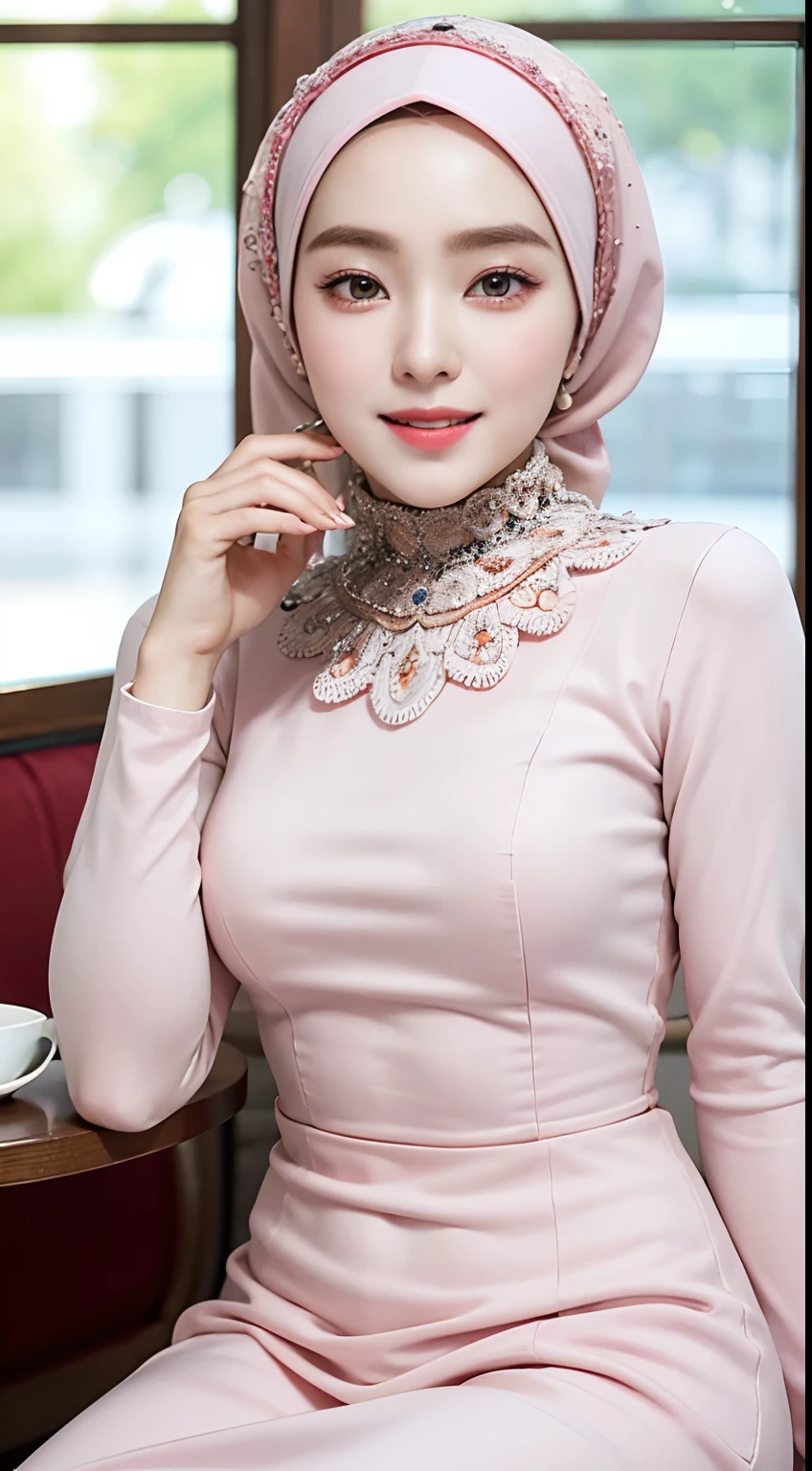 extremely detailed eyes, extremely detailed face, best quality ,masterpiece, extremely detailed, ultra-detailed, (realistic, photo-realistic:1.3), smile, (facing front), looking at viewer, muslim dress, long dress, hijab, 1girl , on the chair, drink coffee, in the cafe