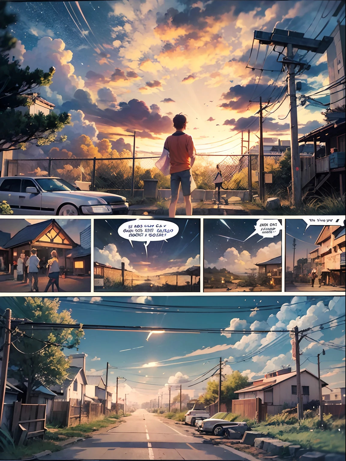 Comic storyboard:1.8, comic strip, English text, Draw the story for a 30-year-old man, Anime emoji theme, Night sky, Beautiful fireflies, Text dialog box, Draw the front page of this story, Japanese anime manga, hyper HD, 24K Ultra HD, Anime looks.