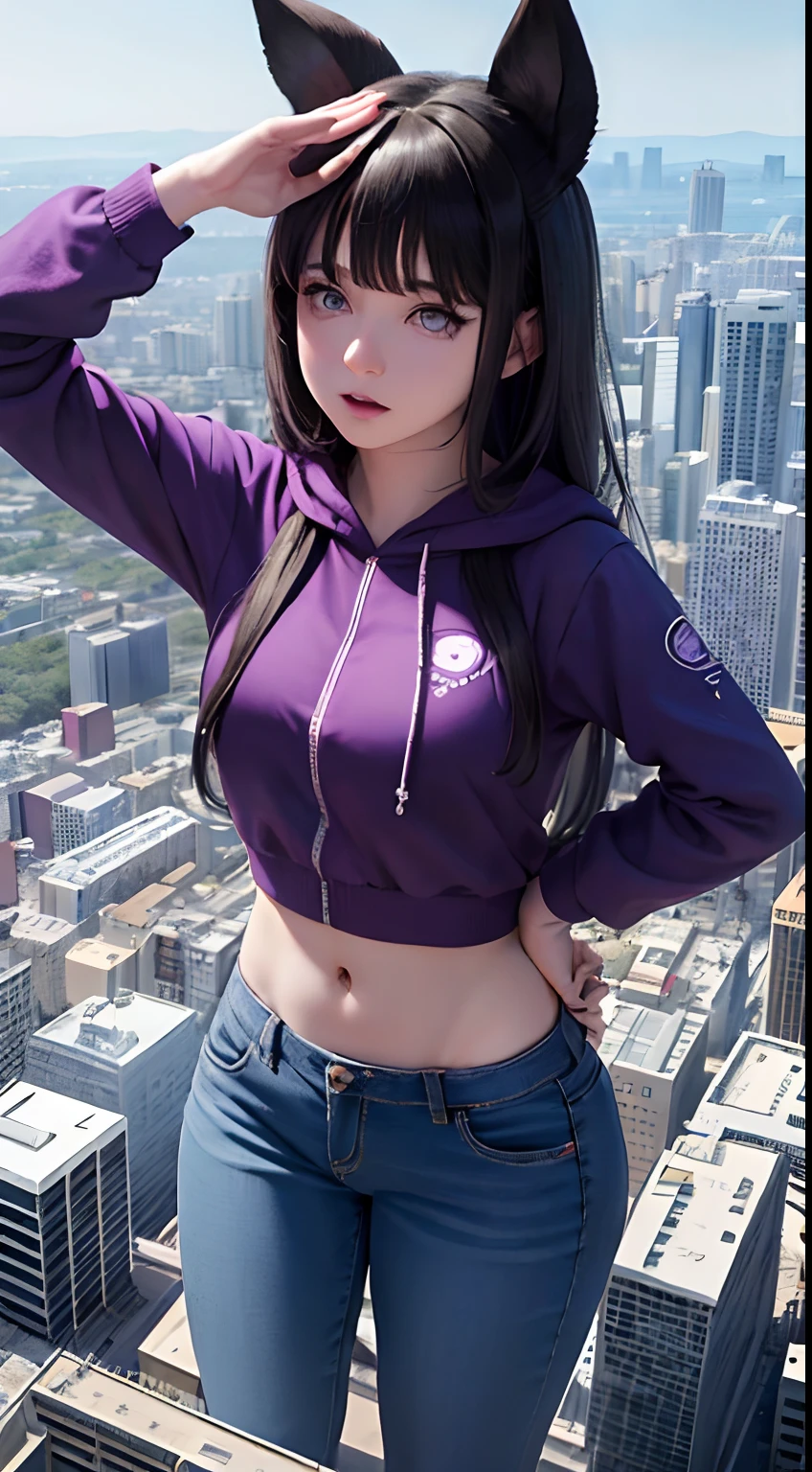 hinata hyuga,TallGTS,Giganta,Foto de cuerpo entero,Uniformes escolares,pechos grandes,,(piernas largas:1.1),Chica extremadamente alta,Encima de la casa,Aspecto hermoso,Maquillaje delicado,Perfect lighting,cinematic quality,8k,alta calidad,(GTScity:1.5),GTS,aerial view,Rampage,Escalonamiento, perfect composition, Labios detallados, Pecho grande, Cara hermosa, body propotion, sonrojarse, (labios rosados), Cabello largo, purple eyes, mirada suave, super-realistic, Detallado, , Rostro y cuerpo realistas, escote,obra maestra, absurdos, hinata \ (boruto \), 1girl, solo, hembra madura, purple hoodie, mangas en capas, pantalones marrones, , Perfectcomposition,, pecho grande,