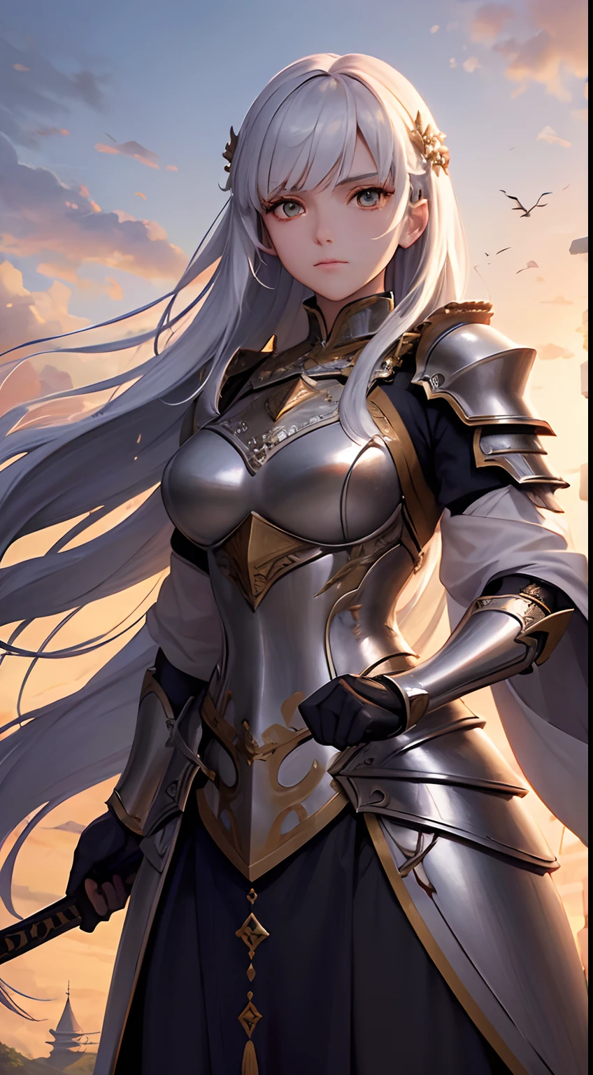 (tmasterpiece:1.37), An intense, A close-up depicts a woman in knightly armor，White eyes，Long white hair， She stood on a stone bridge, The walls soar into the sky, Homem-Imponente, Behind him is grandeur. In her hand, she is holding a sword, Its edges shine softly, The glow of the setting sun fades away. Her face was resolute, Show her inner strength and courage. Intricate details on the armor, Castle, The sword brings the scene to life, realistic quality, god light, Sparkle, Glowing light，In a Japanese anime style
