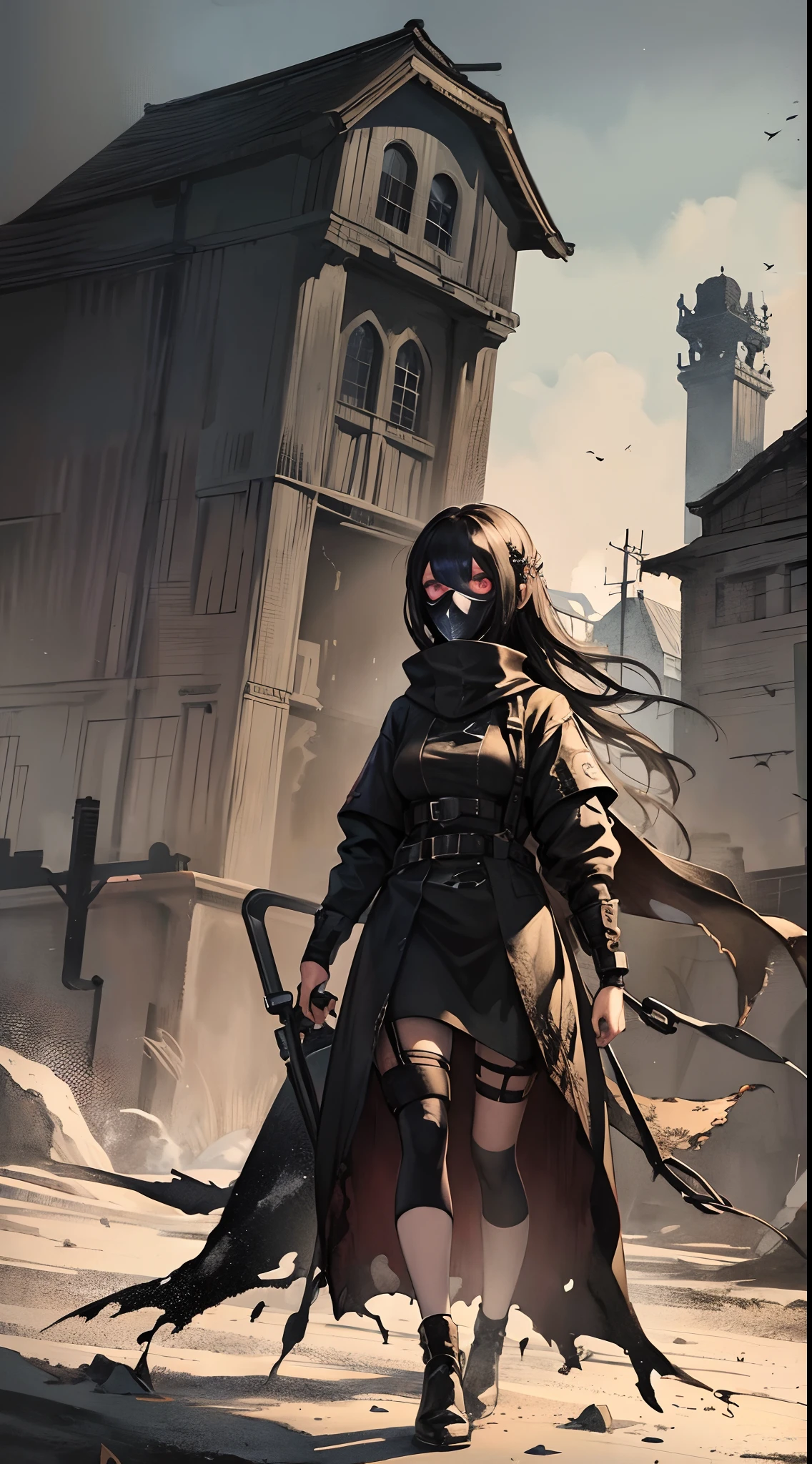 mixed media art, ink painted woman walking towards the camera with a gasmask, detailed handmade illustration of a landscape, nightmarish, eerie, dark ambient, very dark colors, bleeding ink, watercolor art by MSchiffer