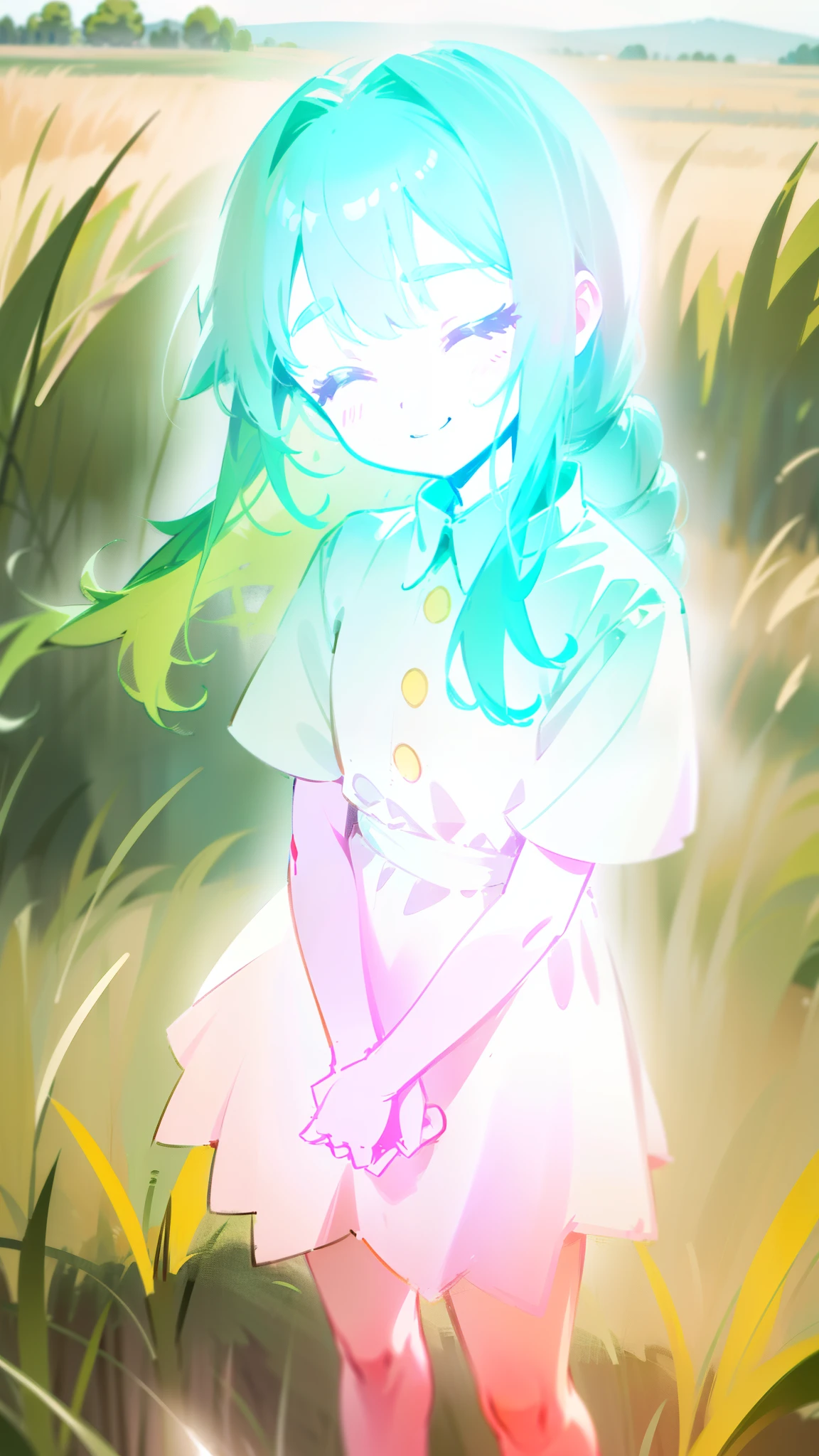 ((1loli girl,4 years old)),((small body)),little white dress,green hair,long hair,closed eyes,loli,solo,cute,happy face,smile,blush,cowboy shot,(standing in a grass field,sunlight),(glowing body)