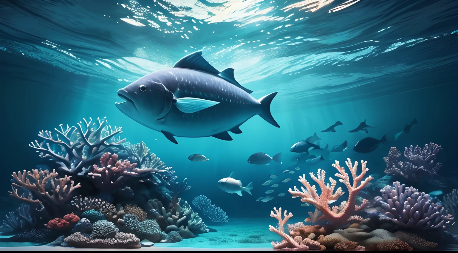 Conceptual Art of Marine Life, Undersea scenery, Marine life,Beautiful coral reefs come in many shapes, 。.3D,, Fish, Women Animated Fantasy Illustration. Long gray hair scattered in the sea, drift, Very harmonious. The whole painting adopts a messy and imaginative painting style. the color is bright and saturated, And with smooth lines. The mystery and beauty of the sea, This picture is、It depicts an underwater world full of vitality and vitality, Animation Art Wallpapers 8K