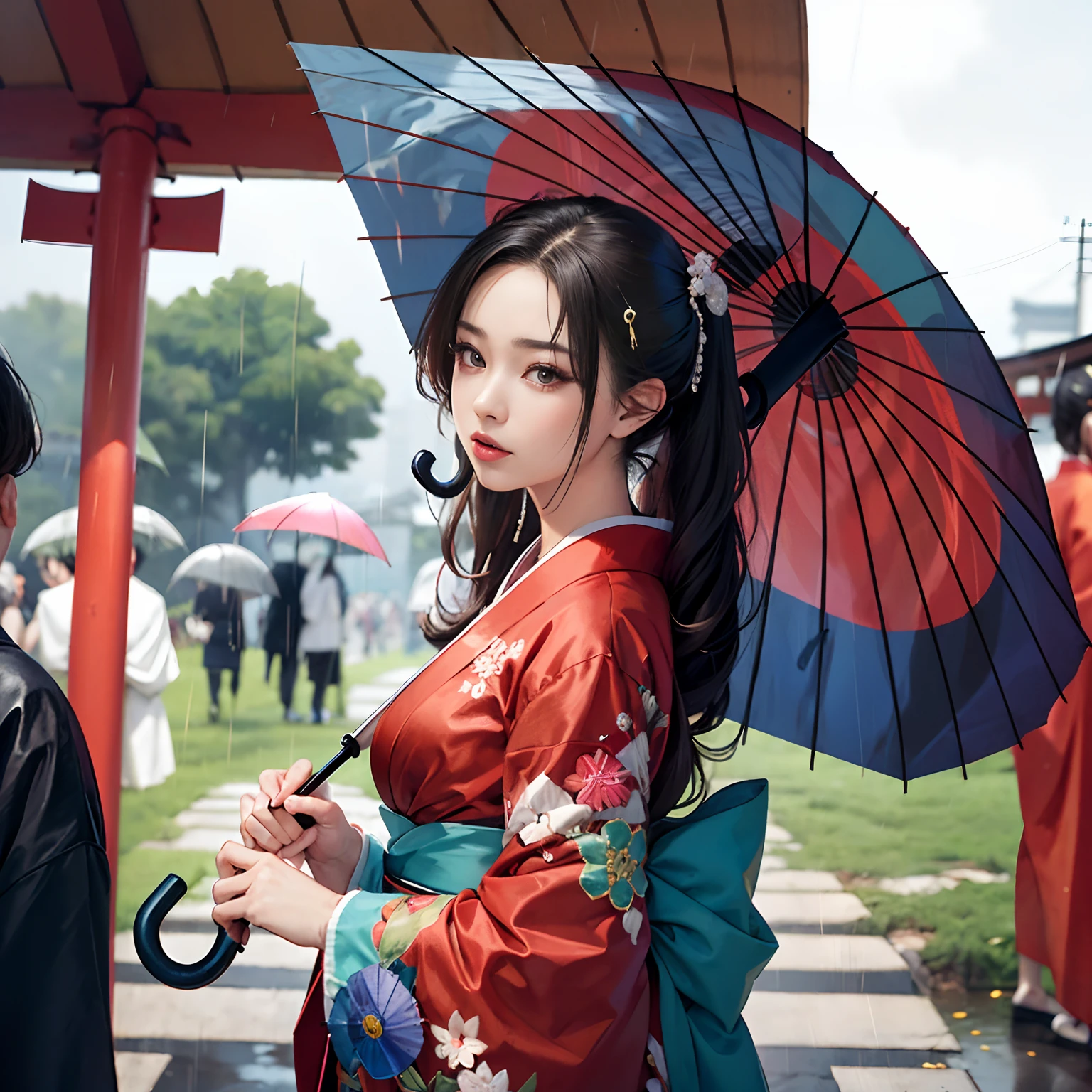 Detailed background(rain is falling,Temples and shrines in Kyoto(Crowds(Holding an umbrella:1.5),Person holding an umbrella々)),Turning around and holding hands with viewers,BREAK,elaborate costume{Luxury kimono(Colorful kimono(detailed embroidery,))}、1girl in(Japanese(actress):1.2)(face perfect:1.2),Depicting a beautiful and classy adult woman,glossy dark hair(poneyTail),Heart in the eye, Wallpapers 16K,Blur the background with a sickle,((masutepiece)), ((Best Quality)),{{a portrait photo of}},full body Esbian