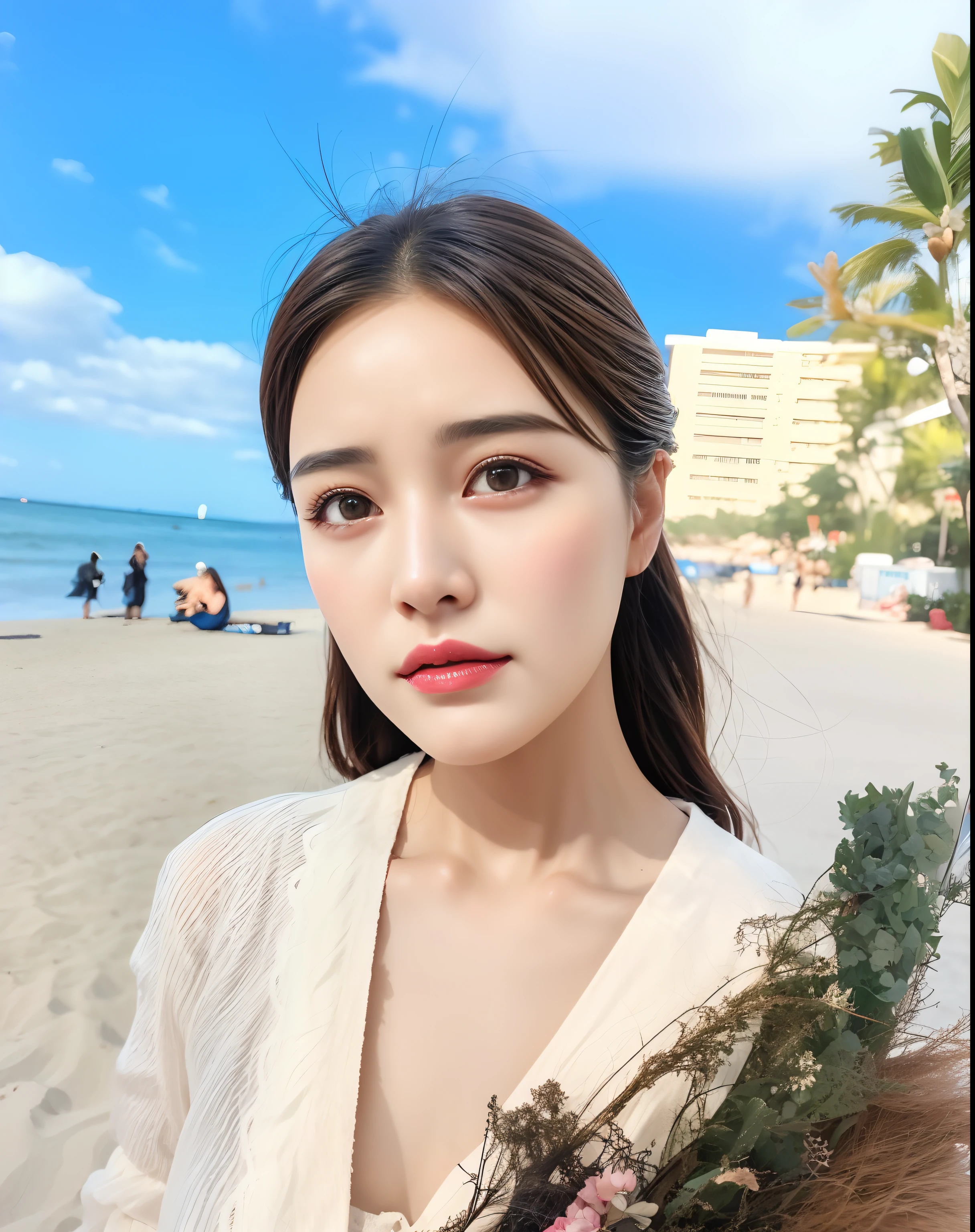 Woman standing on the beach with a bouquet of flowers, dilraba dilmurat, 8K selfie photo, xintong chen, Ruan Jia beautiful!, young cute wan asian face, chengyou liu, xue han, wenfei ye, 奈良美智, the face of a beautiful Japanese girl, beautiful aesthetic face, lulu chen