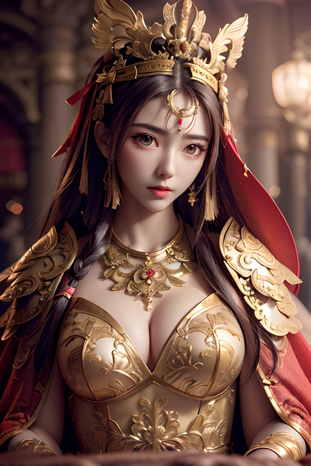 Lingerie masterpiece))), (((best quality))), ((ultra-detailed)), (hyperrealistic), (highly detailed CG illustration), cinematic light, photorealistic ,extremely beautiful young lady, light makeup, big breast,  intricate detailed eaba, red cape, spear