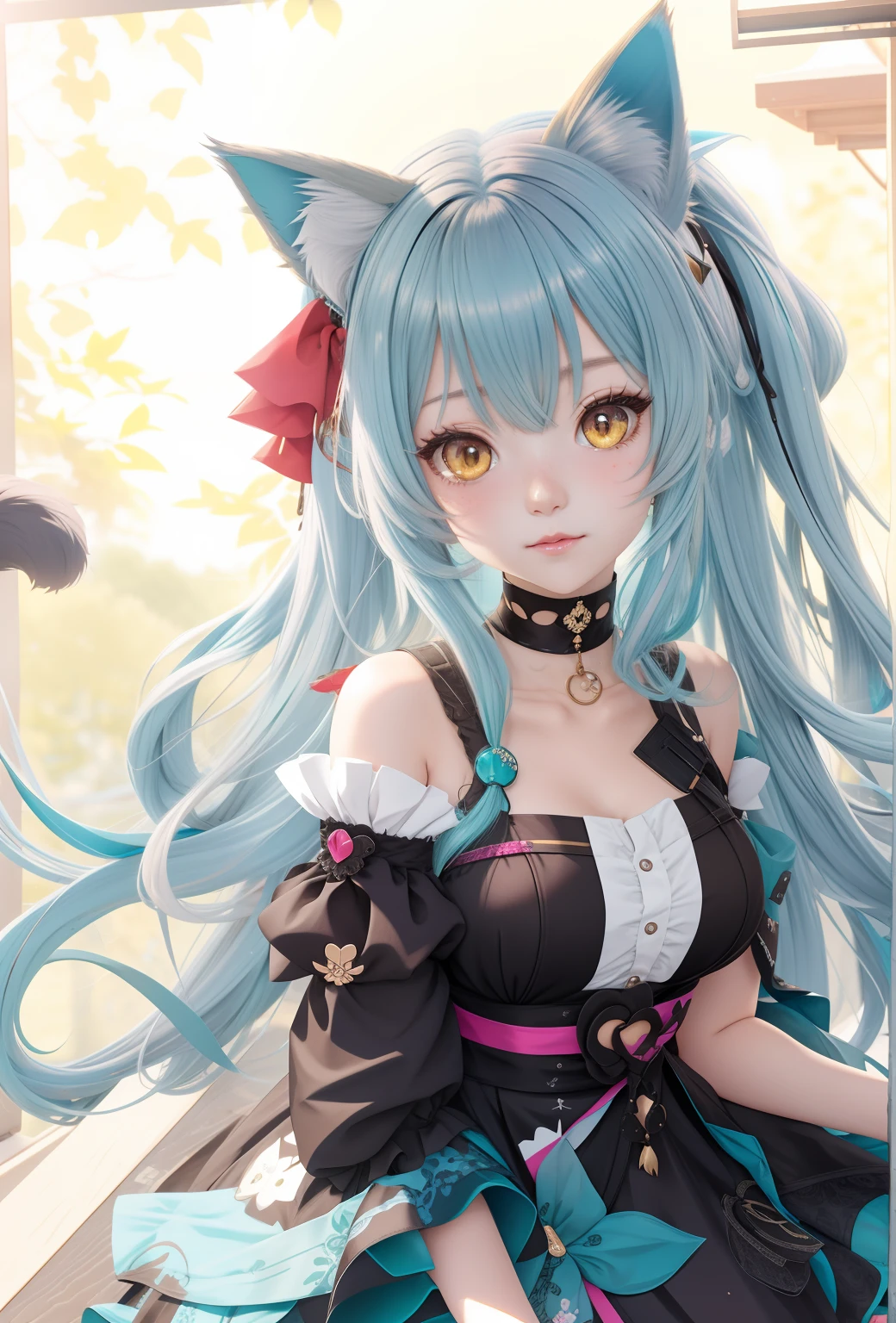a close up of a person with long teal hair and a cat ears and brown ayes, beautiful anime catgirl, from girls frontline, fine details. girls frontline, from arknights, very beautiful anime cat girl, girls frontline style, loli in dress, cute anime waifu in a nice dress, cute anime catgirl, ayaka genshin impact, girls frontline cg, anime catgirl, brown ayes
