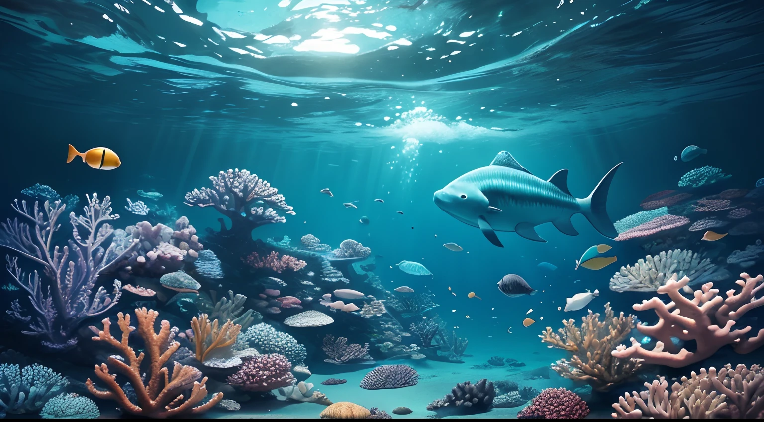Conceptual Art of Marine Life, Undersea scenery, Marine life,Beautiful coral reefs come in many shapes, 。.3D,, Fish, Women Animated Fantasy Illustration. Long gray hair scattered in the sea, drift, Very harmonious. The whole painting adopts a messy and imaginative painting style. the color is bright and saturated, And with smooth lines. The mystery and beauty of the sea, This picture is、It depicts an underwater world full of vitality and vitality, Animation Art Wallpapers 8K