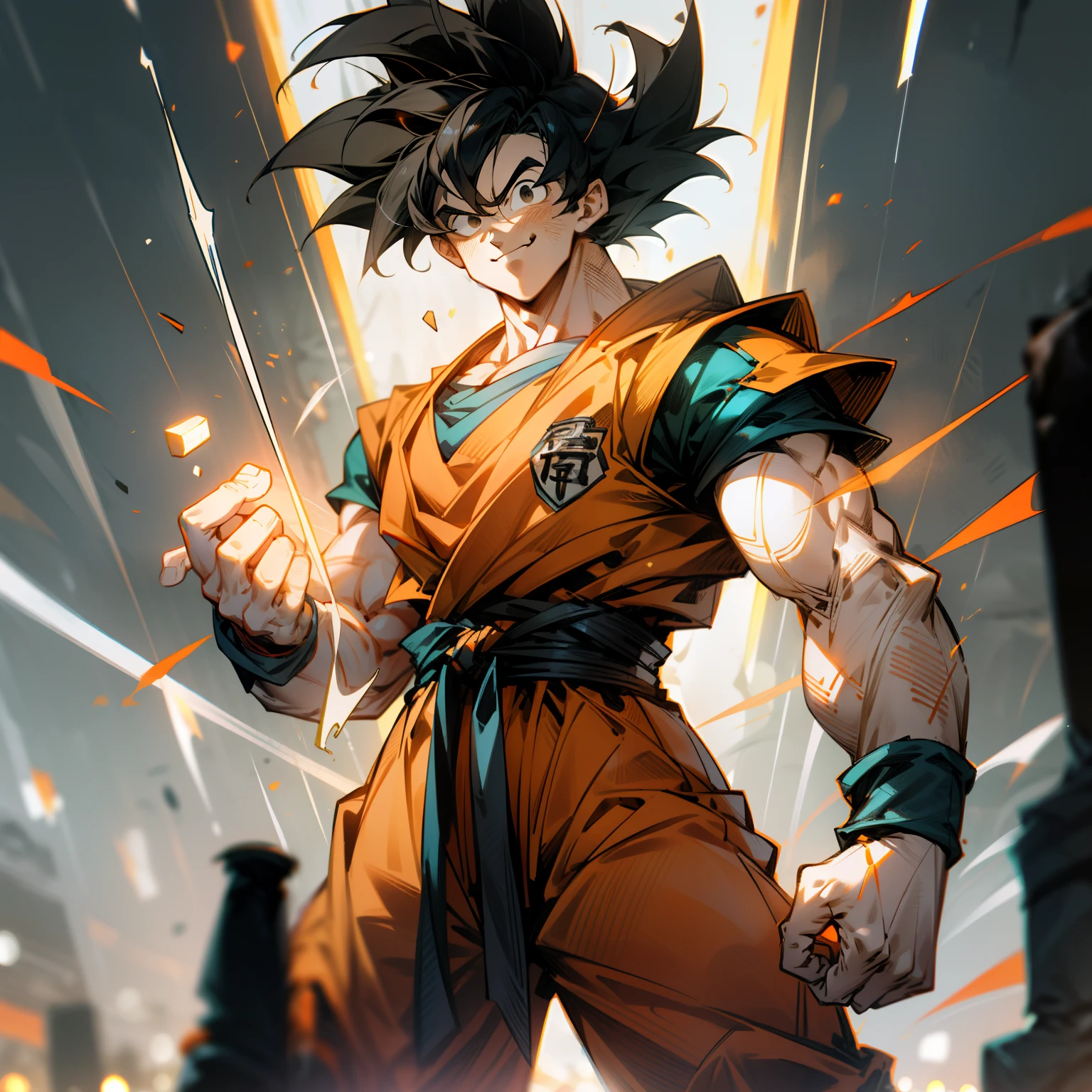 masterpiece, best quality, 1boy, (goku), short hair, black hair, black eyes,  blue boots, orange clothes, training, standing, smiling, angry face, aura power, night, natural light,standing, angry eyes,  smiling, black hair, male focus, strong muscles, movie composition, deth of field, bokeh, (futuristic), (full body),