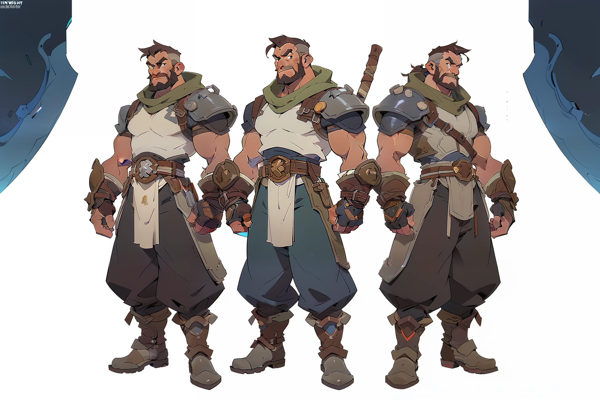 (Best image quality, ultraclear, Works of masters, s the perfect face, Exquisite facial features) ,Male focus, brunette color hair, Mature male, concept-art, Boots, Black pants, Watching from behind, Arms on both sides, musculature, chest plate,,Close-up of middle-aged male warrior in heavy armor,((concept art of character)),((((CharacterDesignSheet、Same role、frontage、Lateral face、on back)))),Character art for medieval fantasy world stories with video game character design,video game characters designs,((Wide upper body,Huge stature,Uncle image of middle-aged male warrior holding giant axe)),Slightly vicissitudes,Mature middle-aged uncle,Wide upper body,With short metal gloves,expert high detail concept art,metal slug concept art,interesting character design,A middle-aged male warrior in a Middle World fantasy world,((Middle-aged uncle)),White basemap,character design drawing,((Three View)),The front view should conform to the modeling standard of super frontage