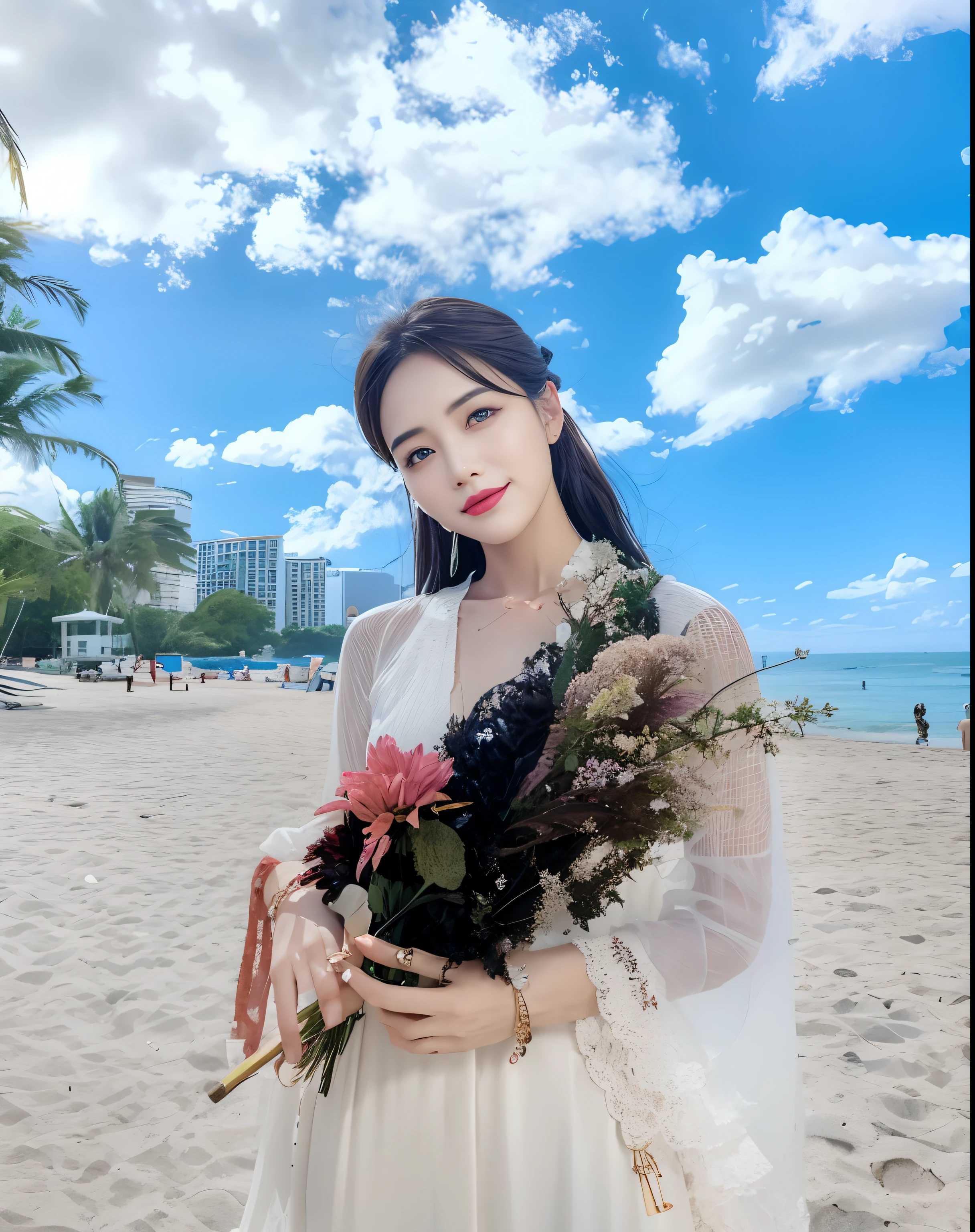 There is a woman holding a bouquet of flowers on the beach, dilraba dilmurat, Ruan Jia beautiful!, with flowers, xintong chen, xue han, sha xi, fanbingbing, lulu chen, chengyou liu, white hanfu, queen of the sea mu yanling, fanart, wenfei ye, posing on a beach with the ocean