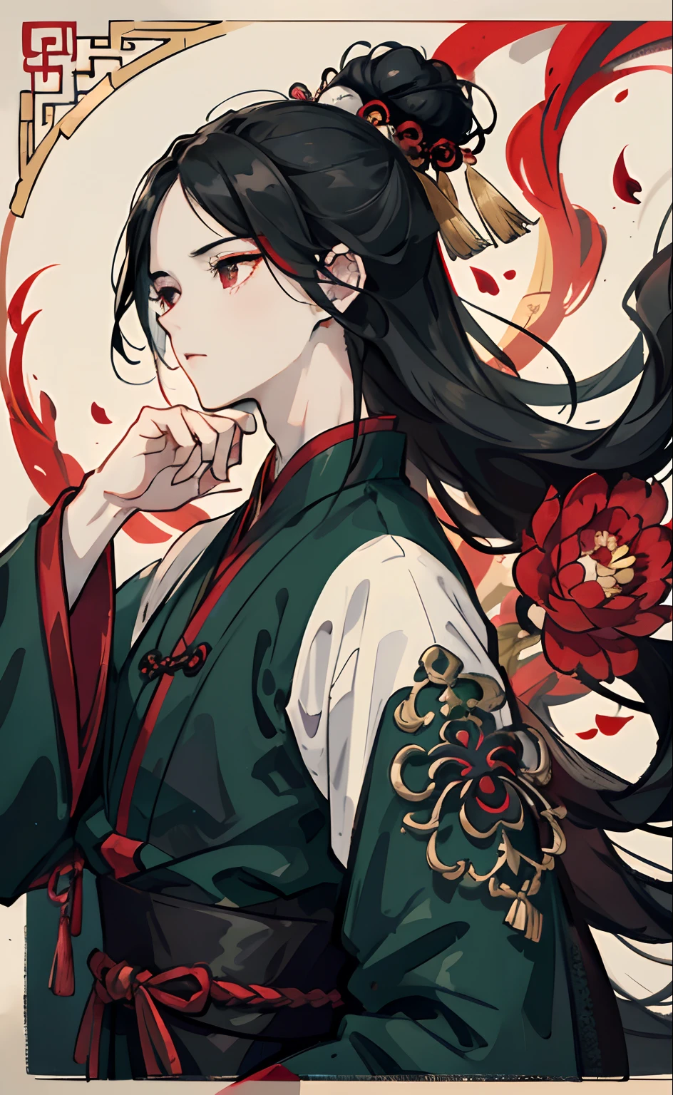 Mature male, red and black eyes, Black hair color, Floating hair, detailed and delicate and flexible eyes,Perfect hands, Intricate damask hanfu, Side view, fov, f/1.8, Masterpiece, Ancient Chinese architecture, Black-blue-green - dark, Flower petals flying, front portrait shot, Chang'e, Side lighting, sunlight on people, 8K