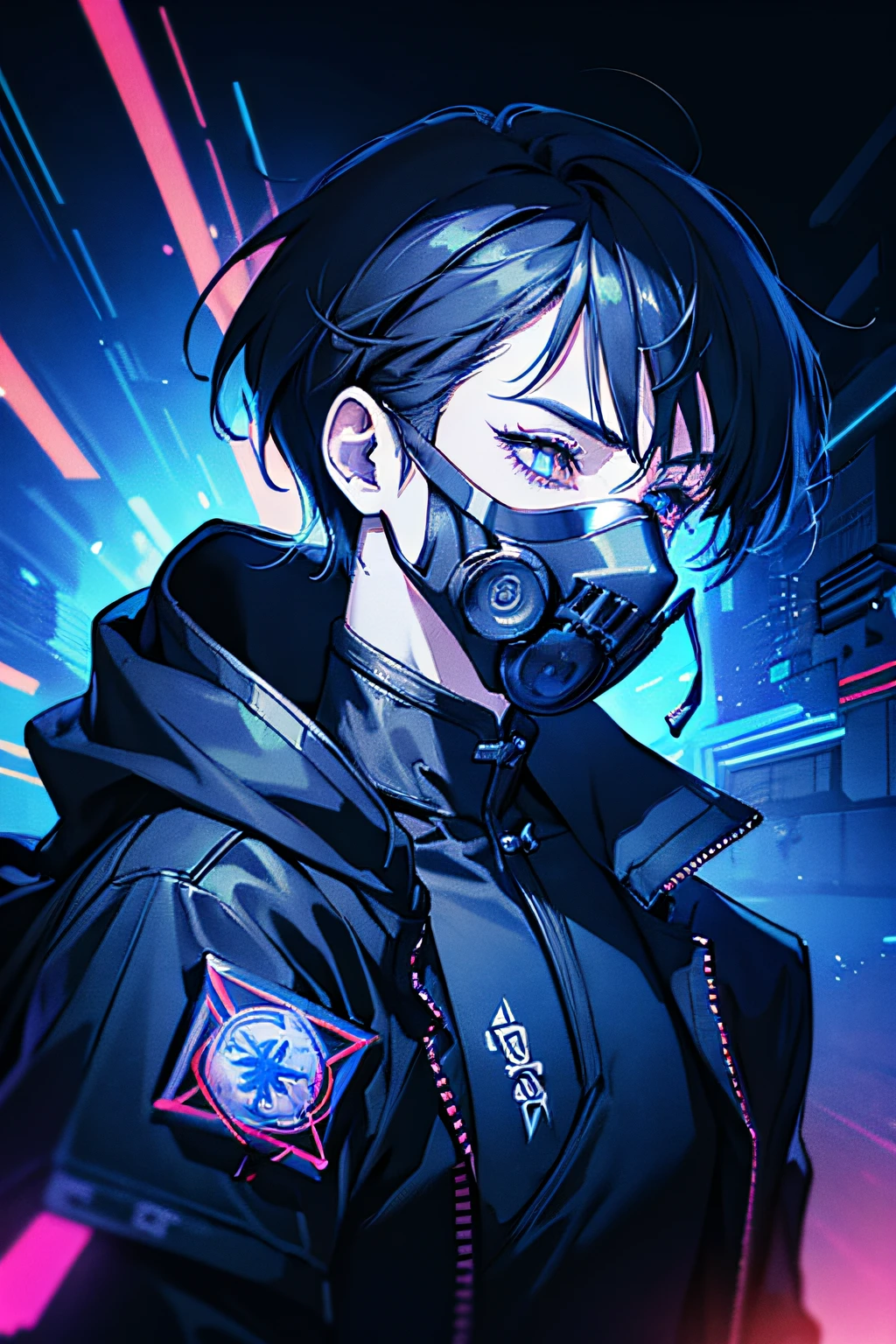 A young man:2、(((masterpiece、top-quality、Beautiful、ultra-detailliert)))、full Helmet、(gas masks:1.3)、(explosions:1.3)、(neon wiring:1.5)、(psychedelic:1.3)、(shuriken:1.7)、(Knives)、(Wearing a hood)、colourfull、cyberpunked、(独奏:1.5)、Mechanical Marvel、Droid、Man in black suit with sword and helmet、 Very beautiful cyberpunk samurai portrait, cyberpunk art style, Fractal Cyborg Ninja Background, advanced digital cyberpunk art, cyberpunk themed art, dark cyberpunk illustration, Cyberpunk Knight, Digital Cyberpunk Anime Art, Cyberpunk character art, neon samurai, cyberpunk soldier, cyberpunk digital art