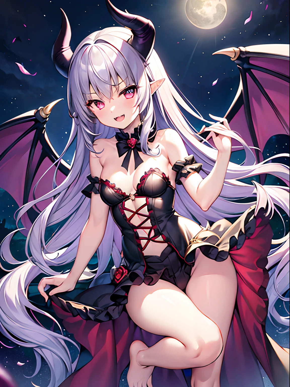 Highly detailed and realistic CG, Colorful, Masterpiece, Best Quality, jewel-like eyes, 1girl, solo, colorful hair, long hair, strapless, dream world, ite, lolhild, iful breasts, hand on own hair, bare foot, skinny legs, black vampire dress, bat wings, succubus horns, dynamic pose, smirk, amber eyes, shiny eyes, mystic space, legbelt, vampire cloack, frilled mini skirt, open mouth, fangs,