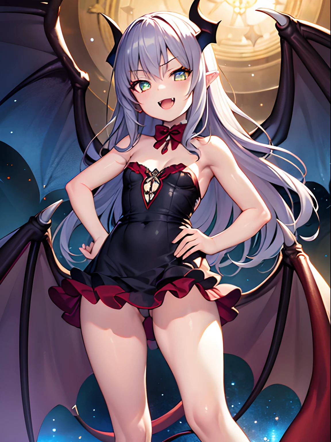 Highly detailed and realistic CG, Colorful, Masterpiece, Best Quality, jewel-like eyes, 1girl, solo, colorful hair, long hair, strapless, dream world, petite, loli, child, beautiful breasts, hand on hip, standing, bare foot, skinny legs, black vampire dress, bat wings, succubus horns, dynamic pose, smirk, amber eyes, shiny eyes, mystic space, legbelt, vampire cloack, frilled mini skirt, open mouth, fangs,